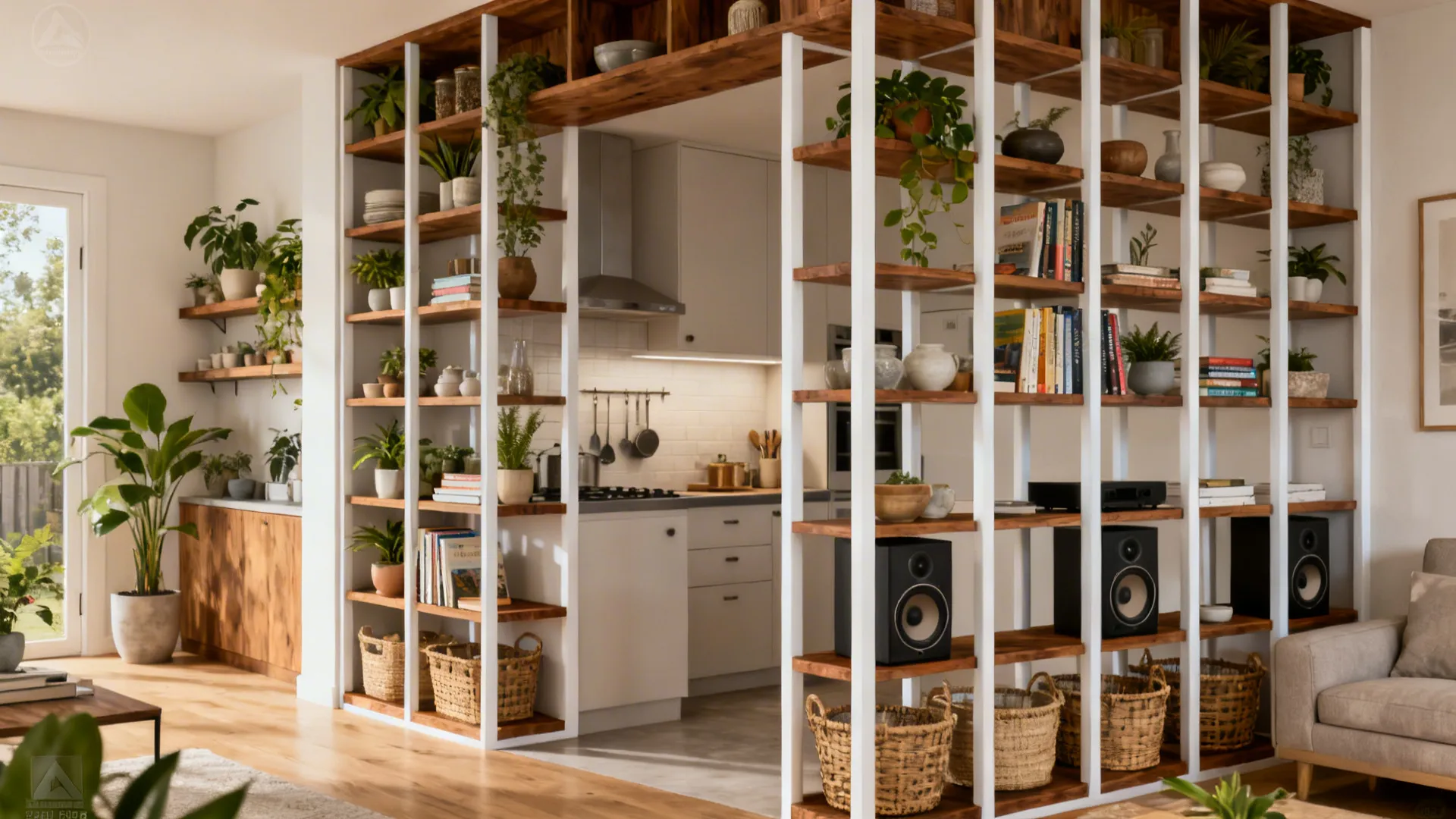 Double-sided open shelving defines zones with plants, books, and decor between kitchen and lounge.