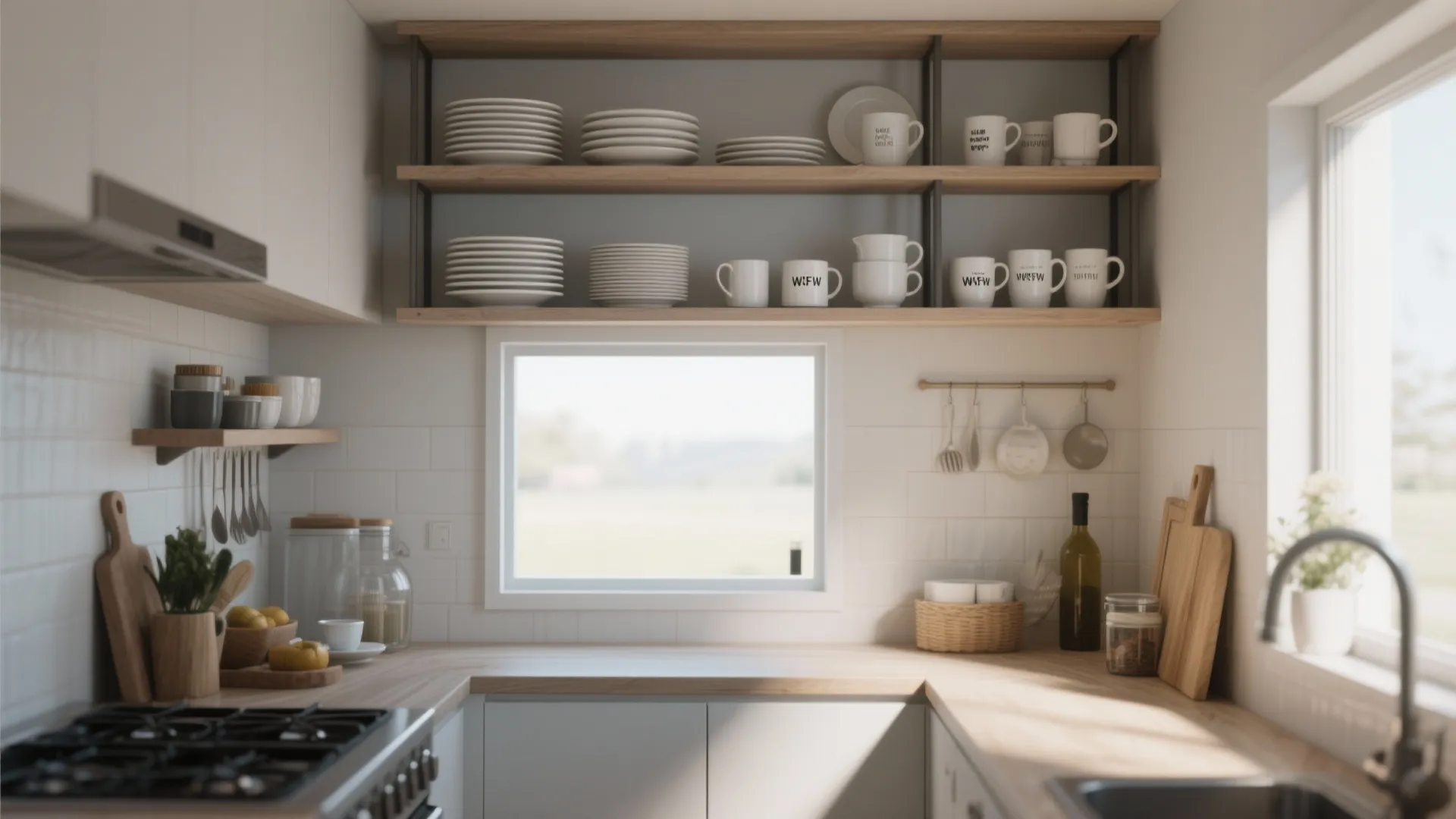 Kitchen with open wood shelves holding white plates and mugs above a bright window view