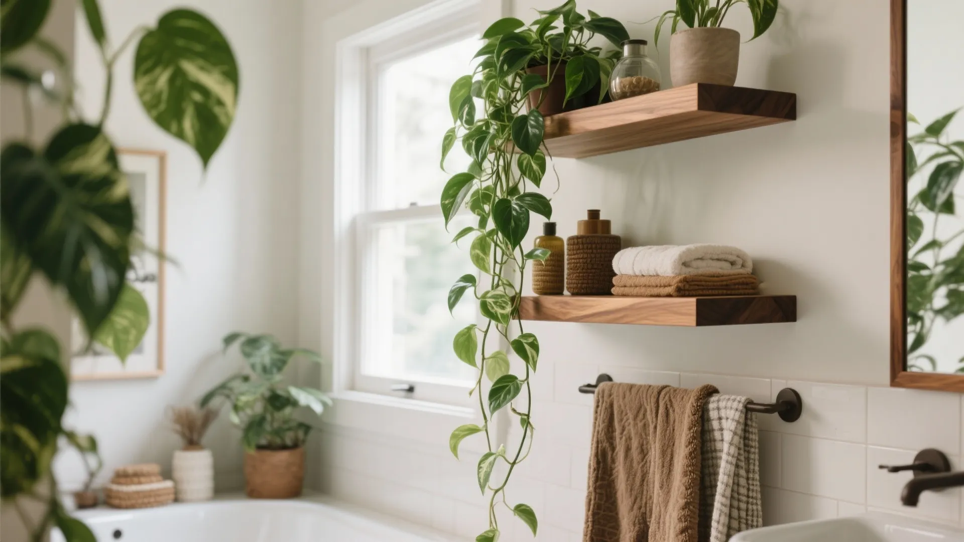 Bright bathroom with wooden open shelving holding green indoor plants folded towels and glass jars