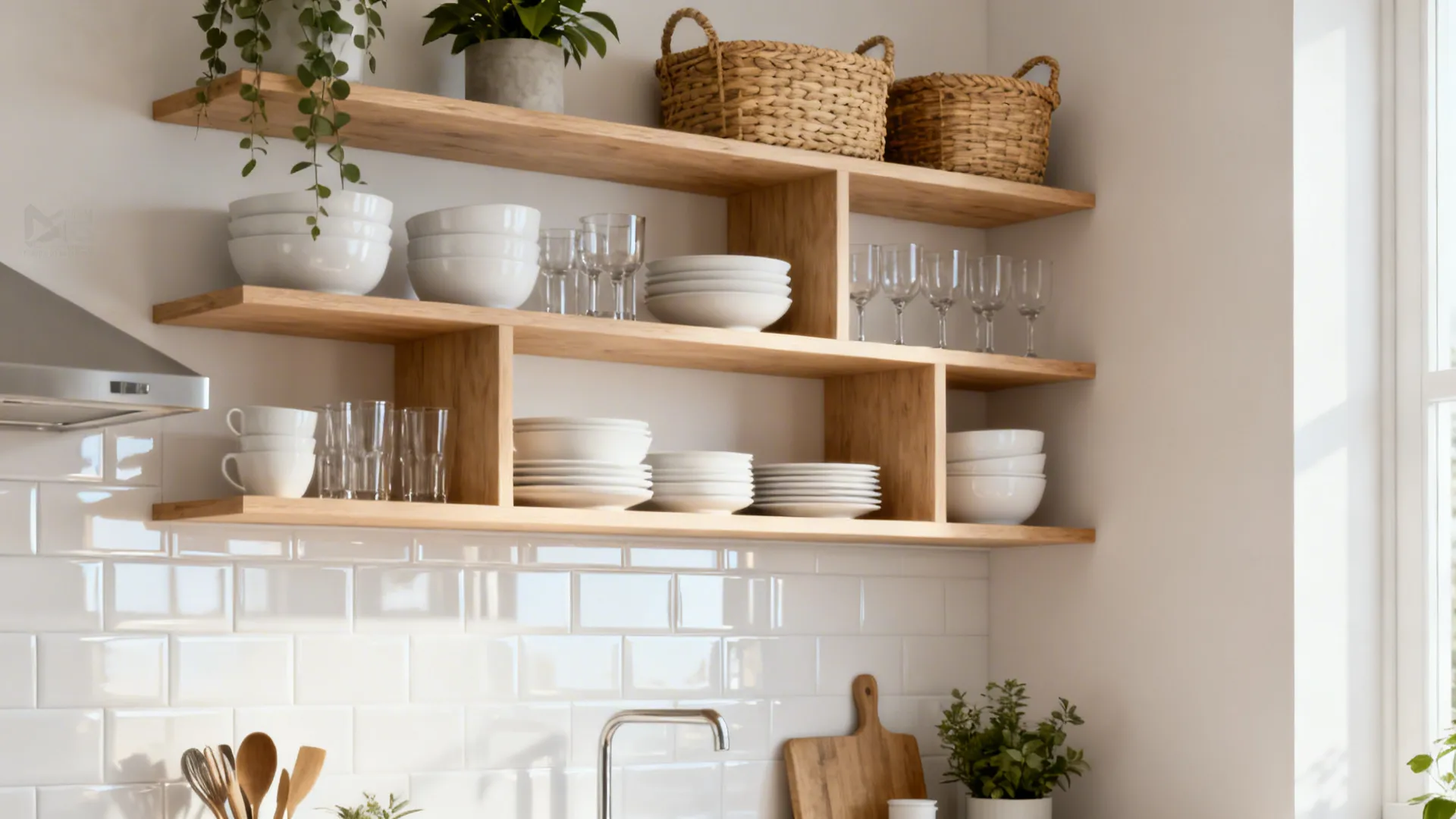Open shelving in a small kitchen with neatly arranged dishes and baskets under soft daylight.