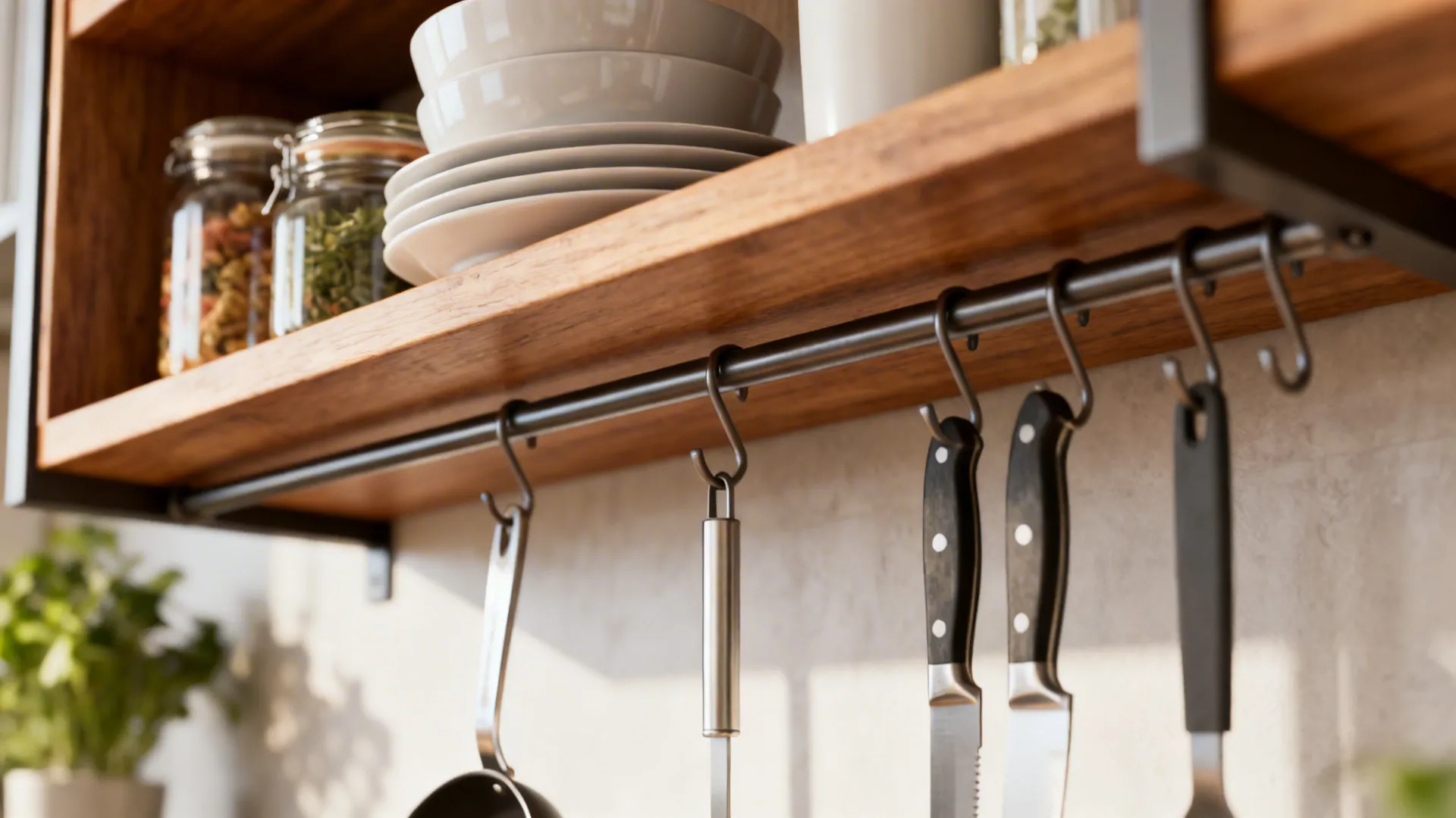Open kitchen shelving with a rail system holding hooks, knives and curated dishes.