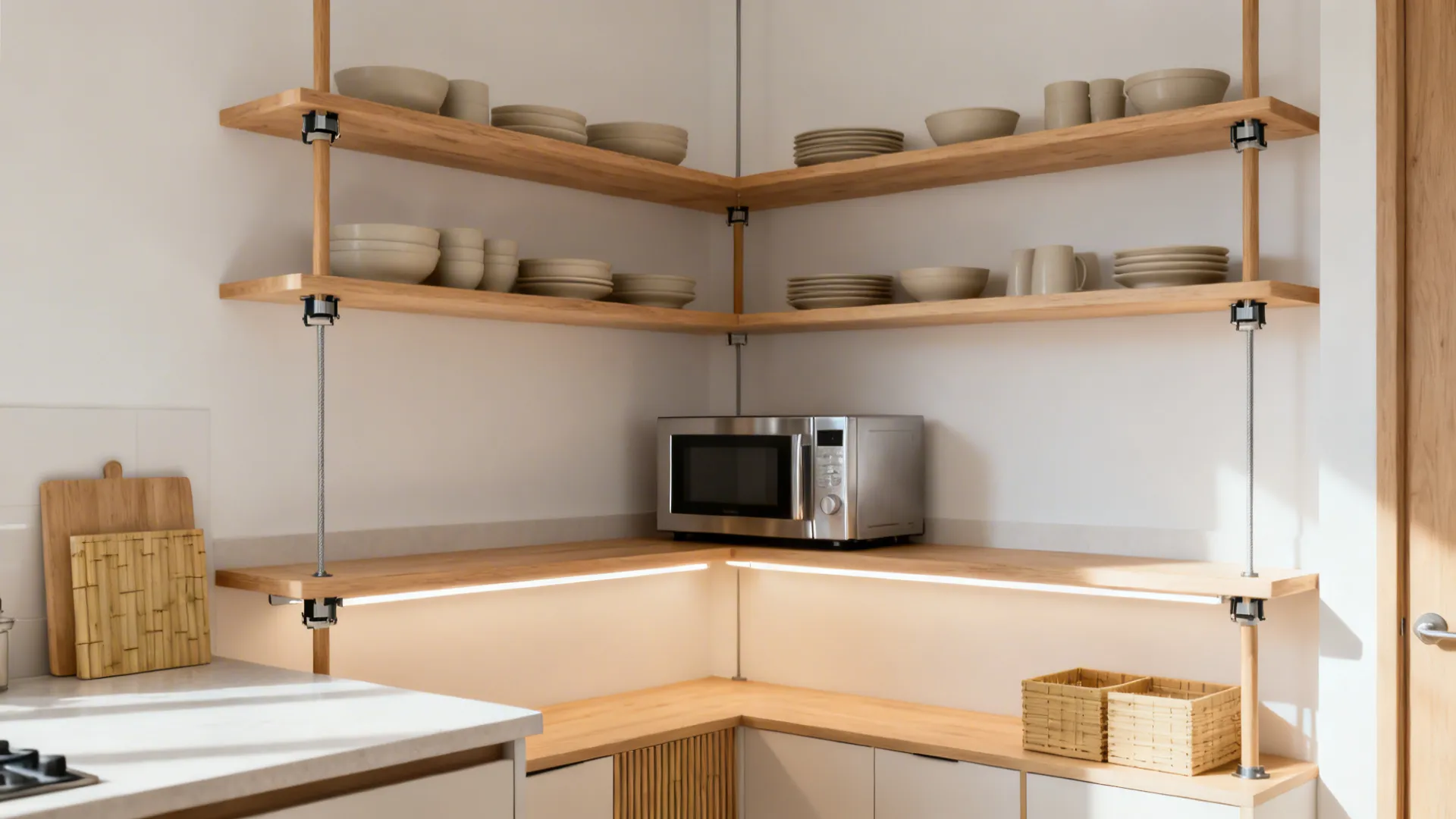 Tension-mounted open shelving with light oak shelves and neutral dishware in a renter kitchen.