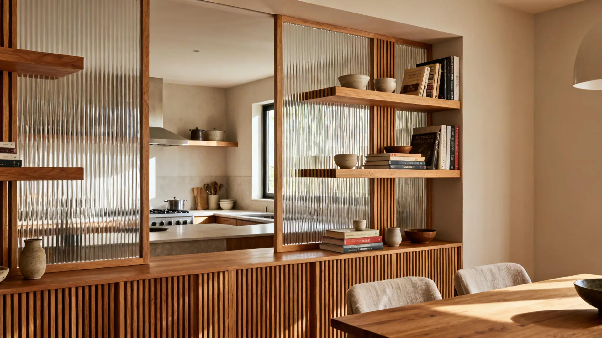 Open Shelving + Ribbed Screens: Layered Texture