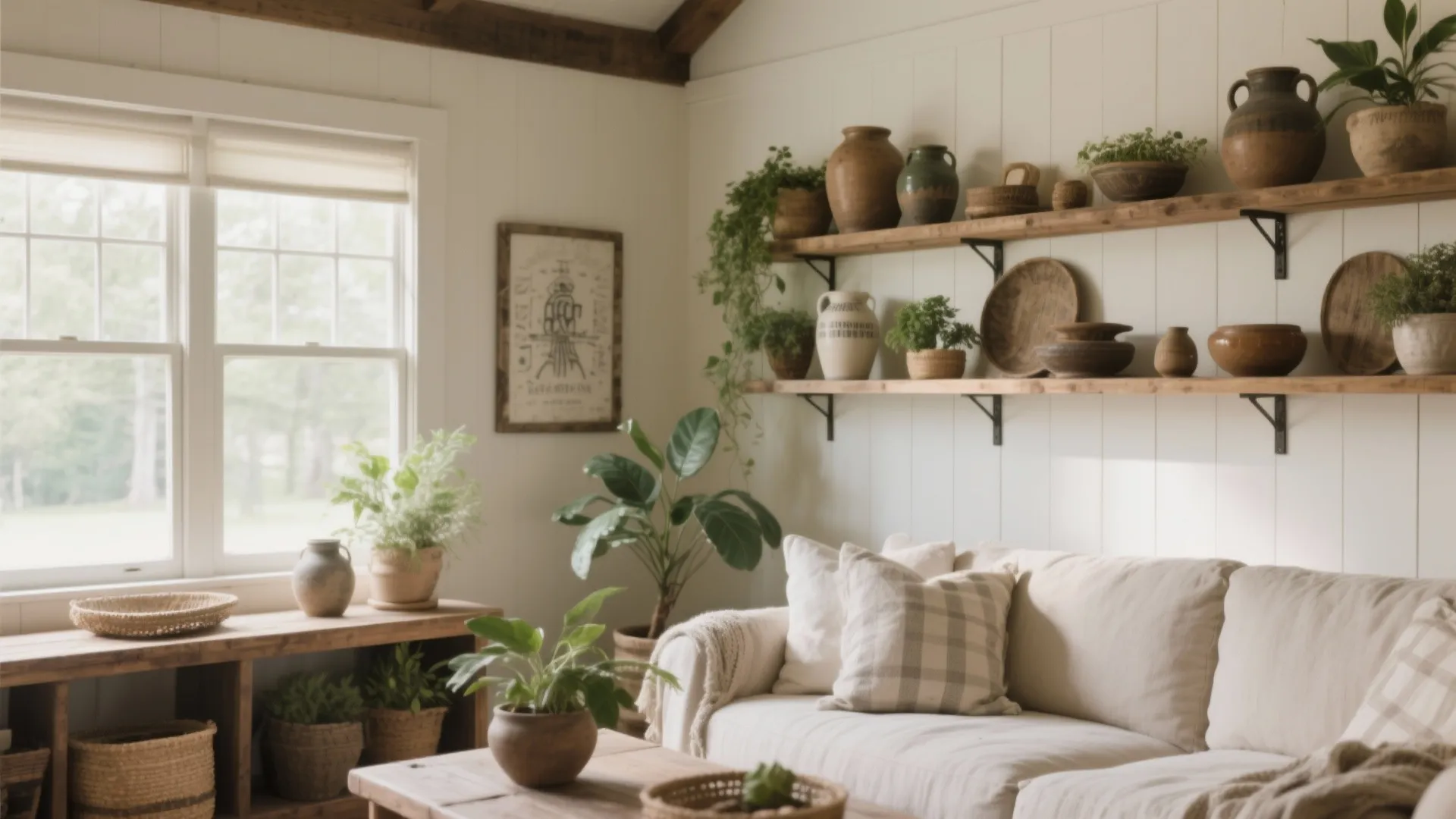 Open wooden shelves in farmhouse living room with pottery and greenery