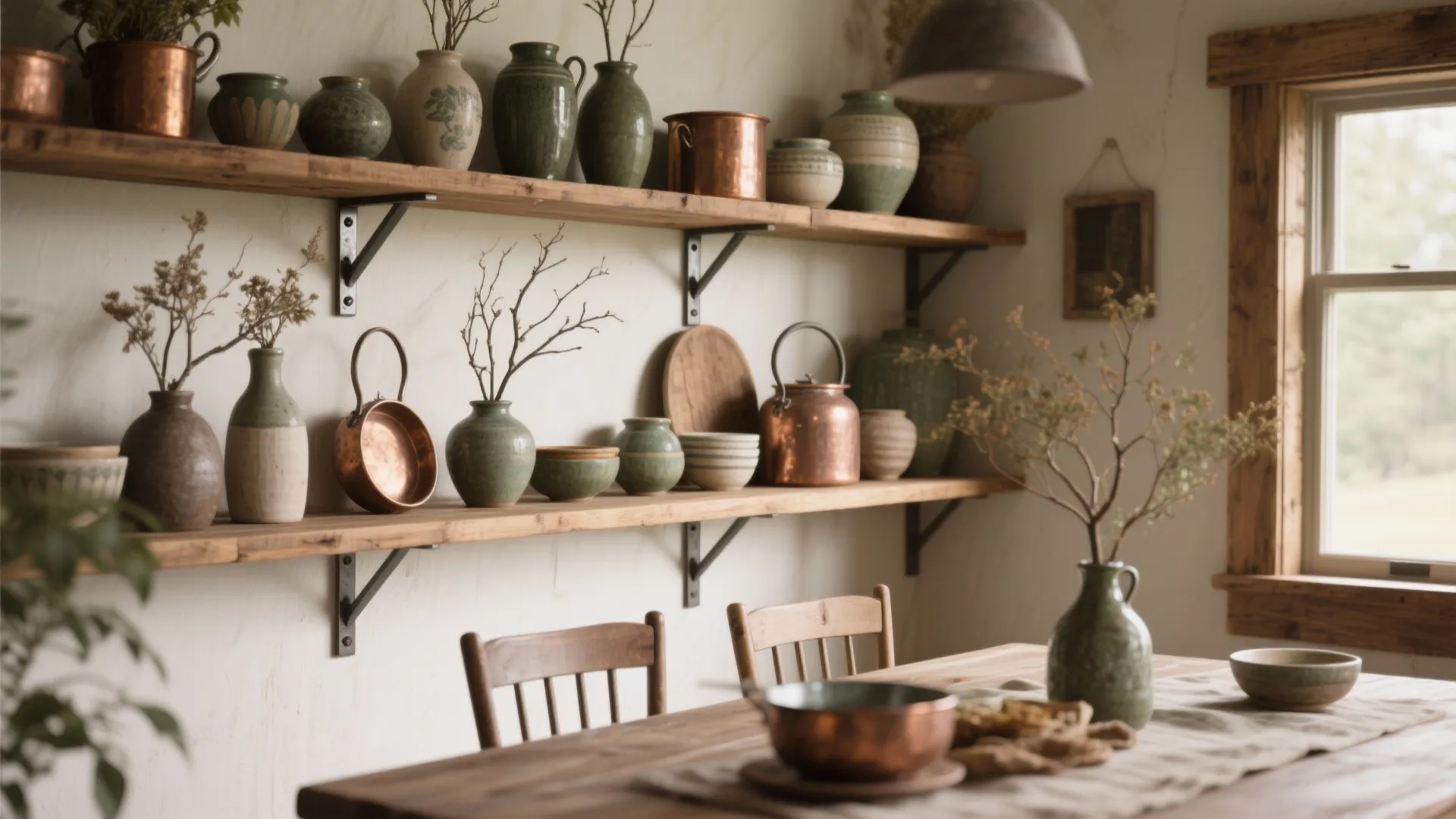 3. Open Shelving with Rustic Accents