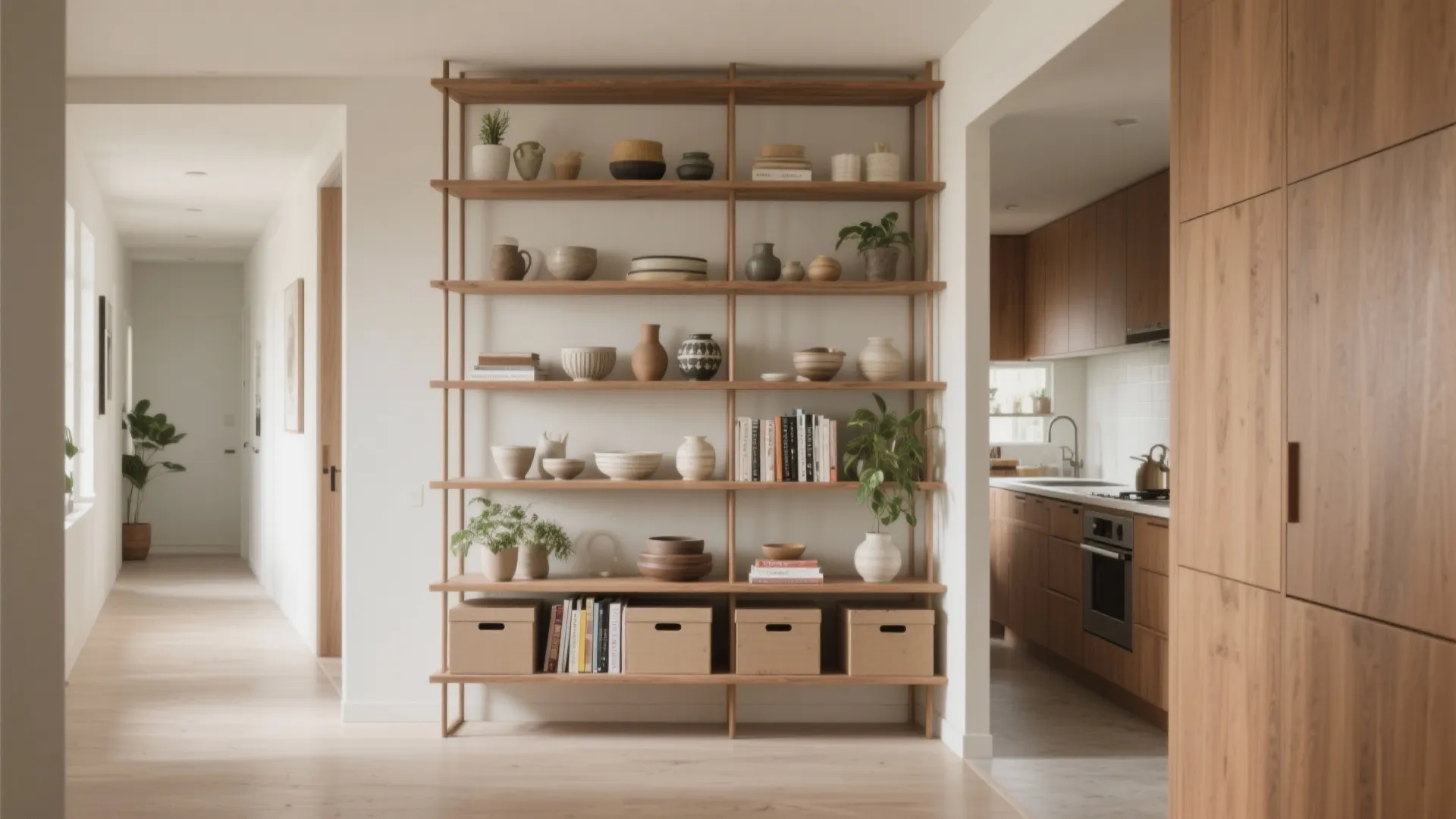 Large wooden open shelving unit used as room divider filled with pottery books and plants