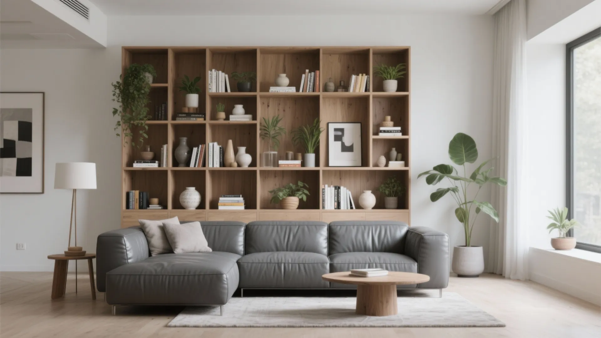 Bright living room with grey leather sofa wooden wall cabinet plants and small coffee table