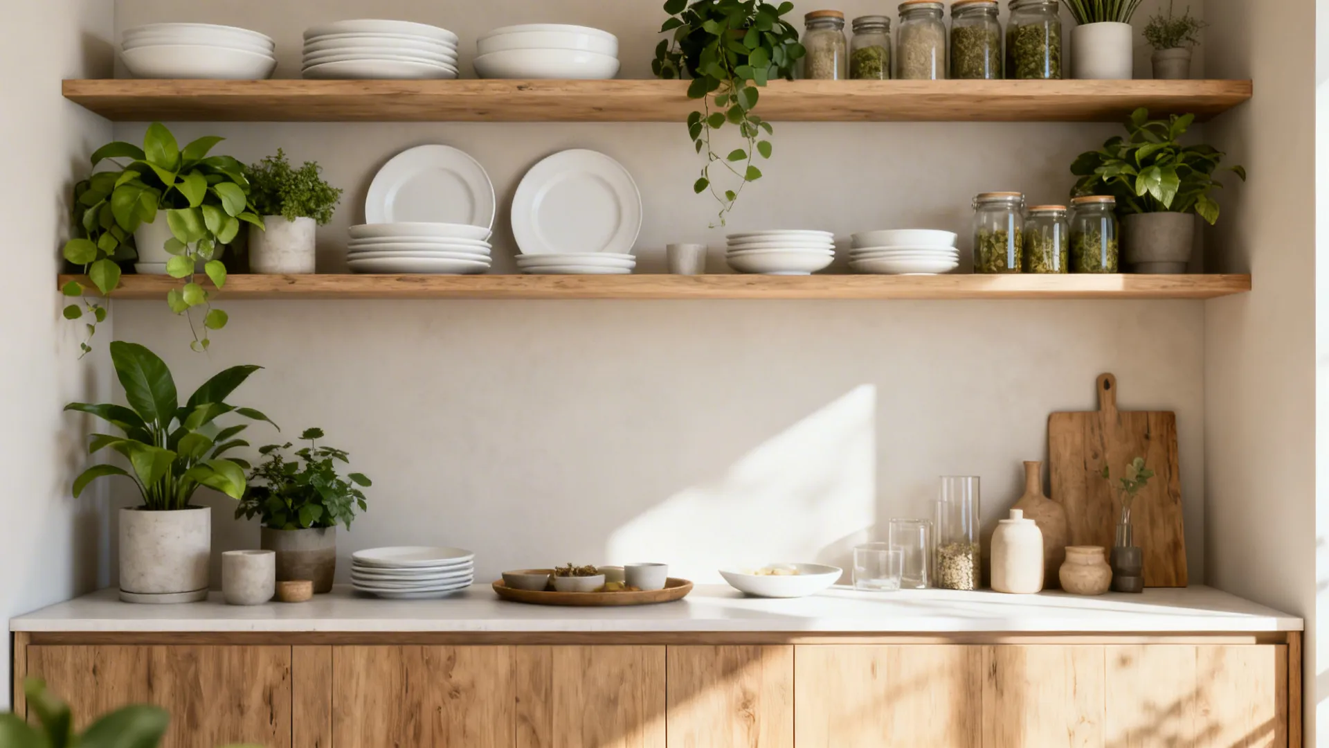 Open shelving styled with plates, jars and plants above a slim sideboard for storage