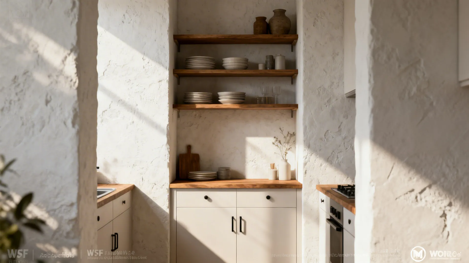 Open shelving above lower kitchen cabinets showing dishes and decor to visually lift a small kitchen