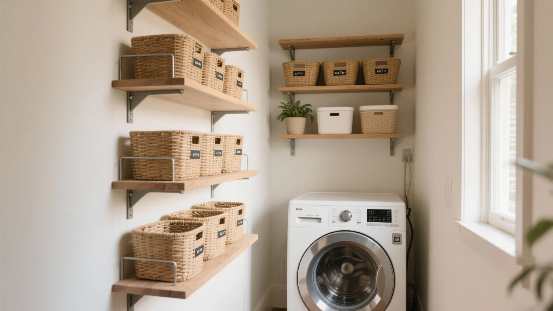 White washing machine under wood wall shelves holding many woven storage baskets in laundry room