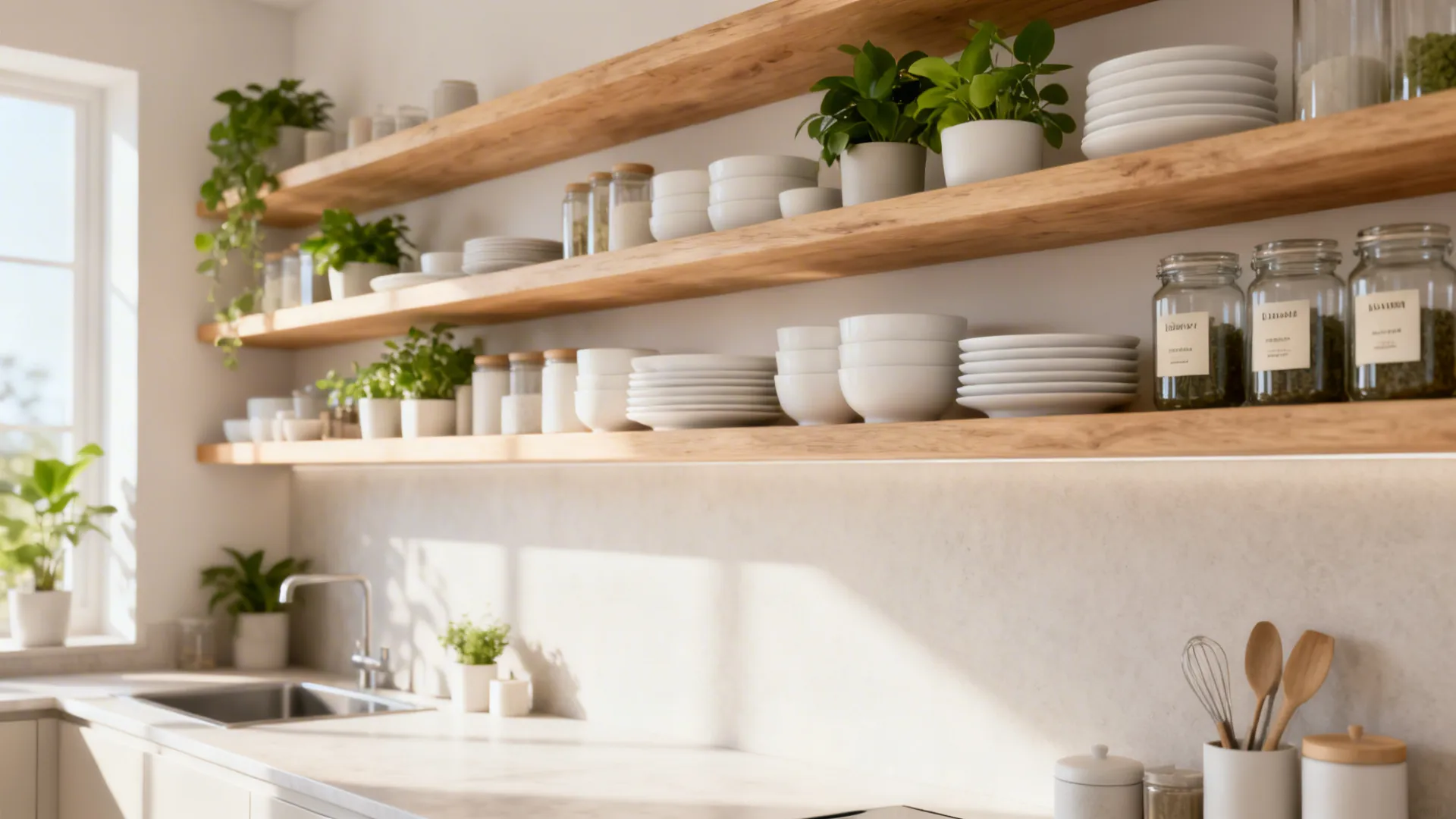Open wooden shelves in a small kitchen neatly staged with dishes and plants to create an airy feel
