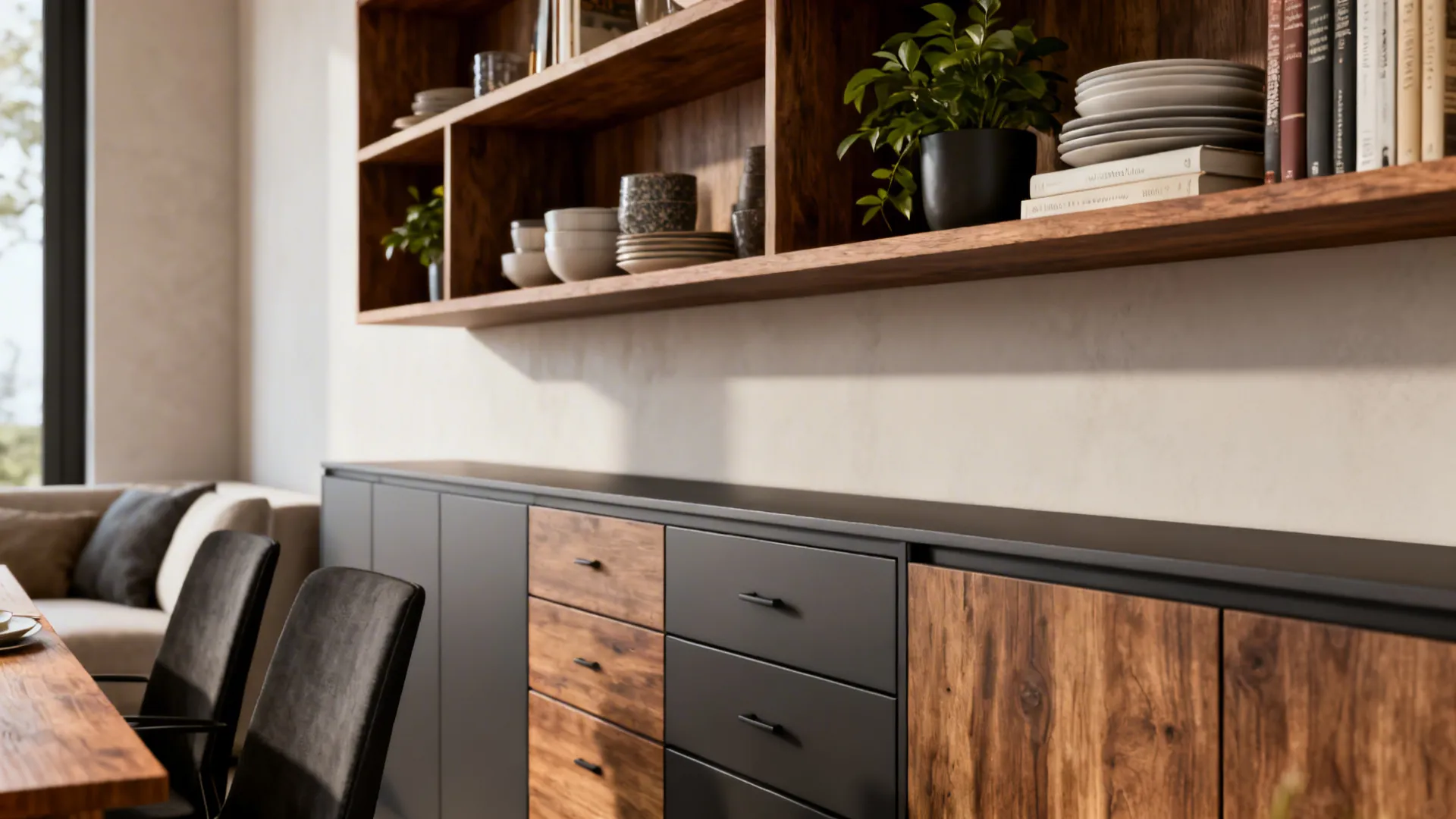 3. Use open shelving and low-profile storage