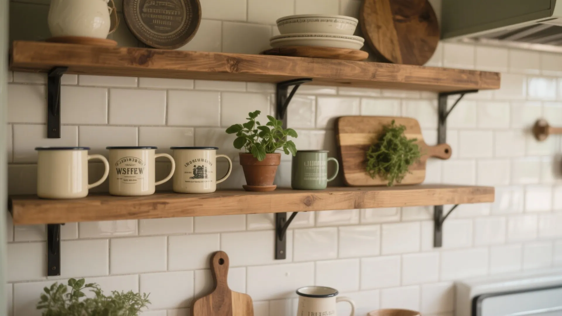 Rustic wooden floating shelves on white wall tiles with ceramic mugs and a small plant