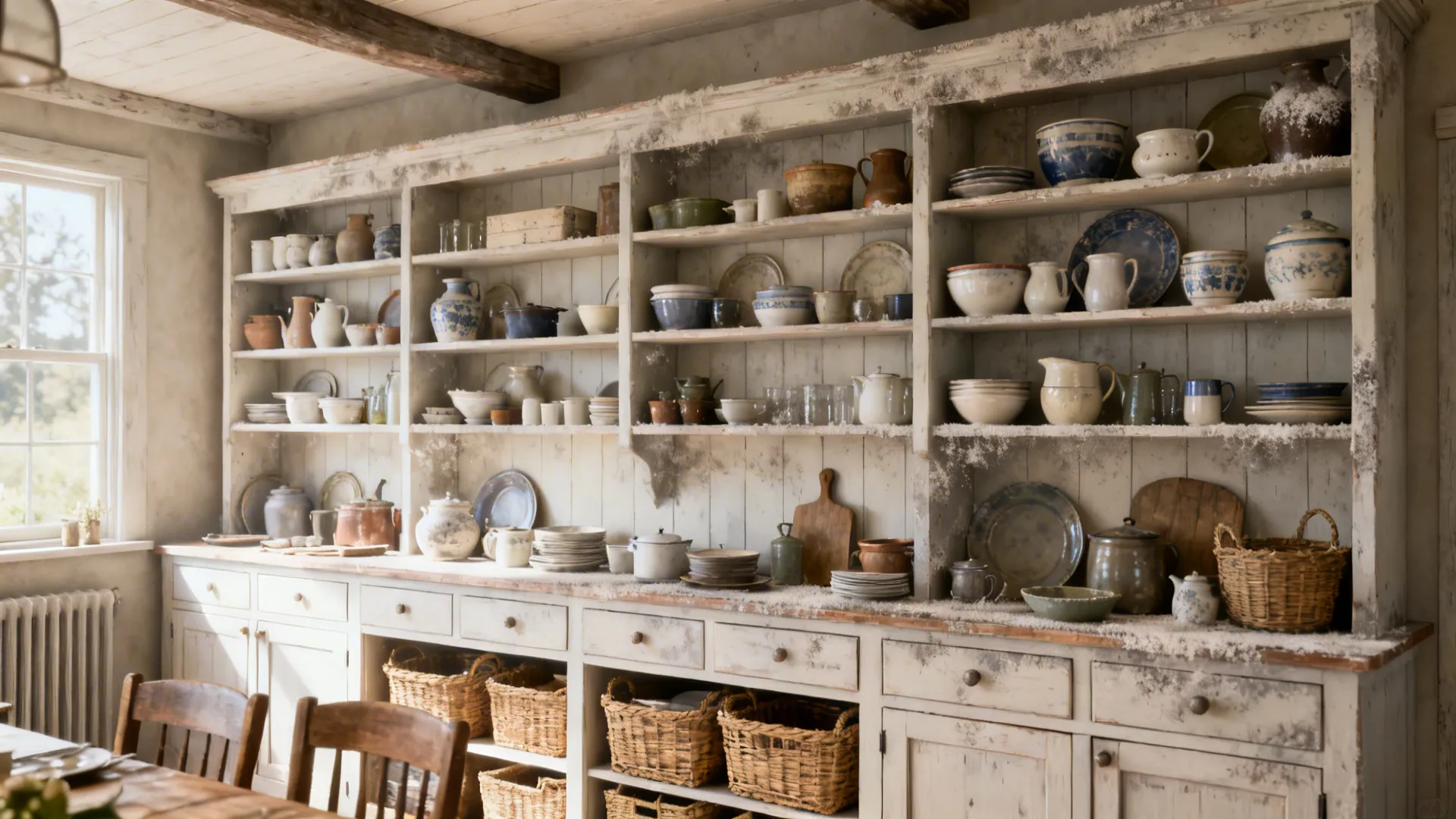 Open shelving styled with ceramics and vintage pieces above closed storage in a dining room