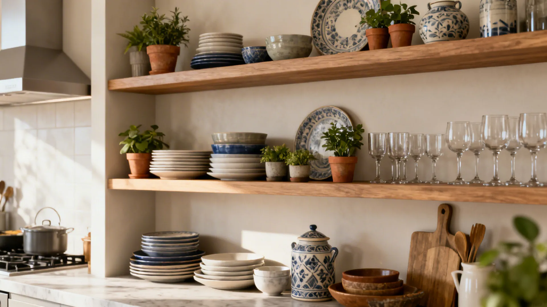 Styled open kitchen shelves with dishes, glassware and plants for an airy look