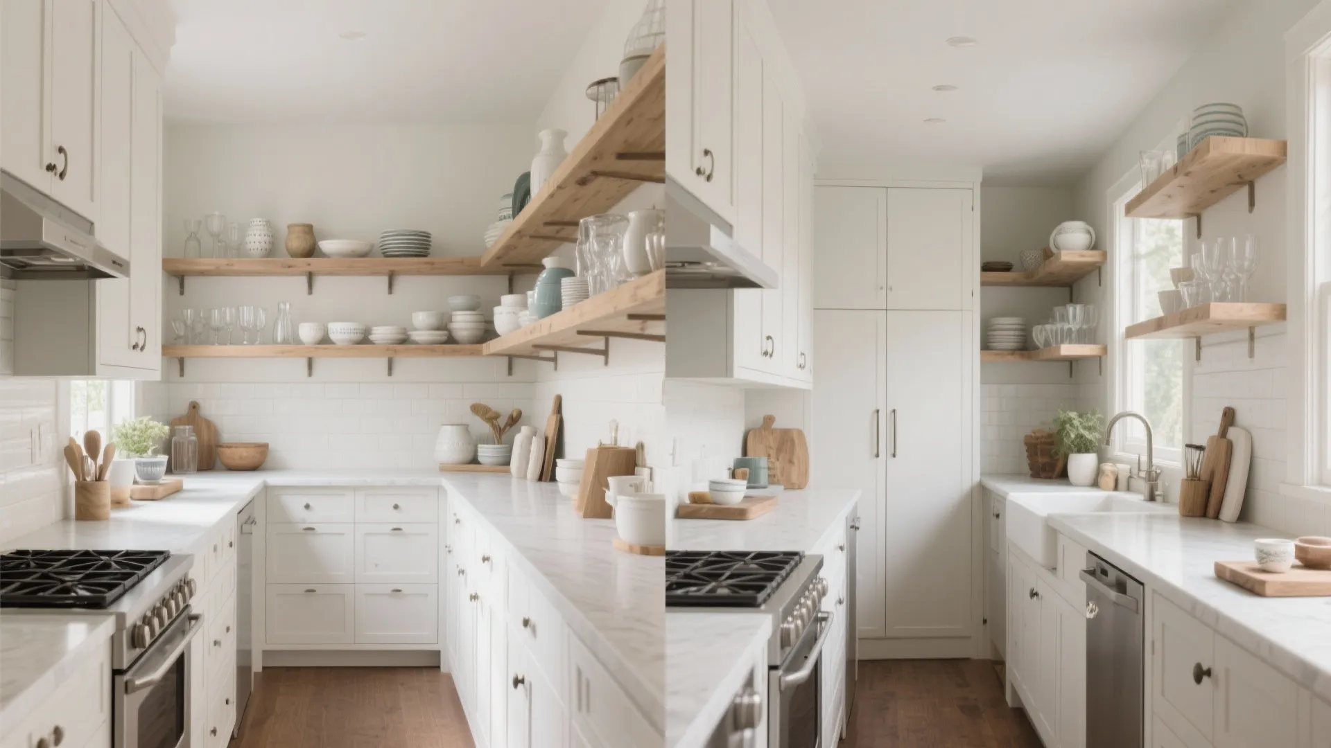 Small galley kitchen with open shelving replacing cabinets