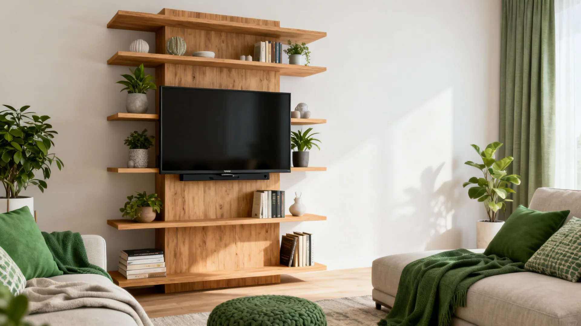 Open oak shelving tower with an integrated TV mount, plants and books in a small living room.