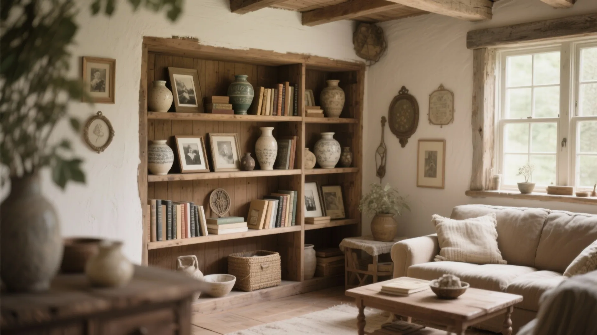 Built in wooden bookshelves filled with vintage books ceramic vases and framed photos in cozy room