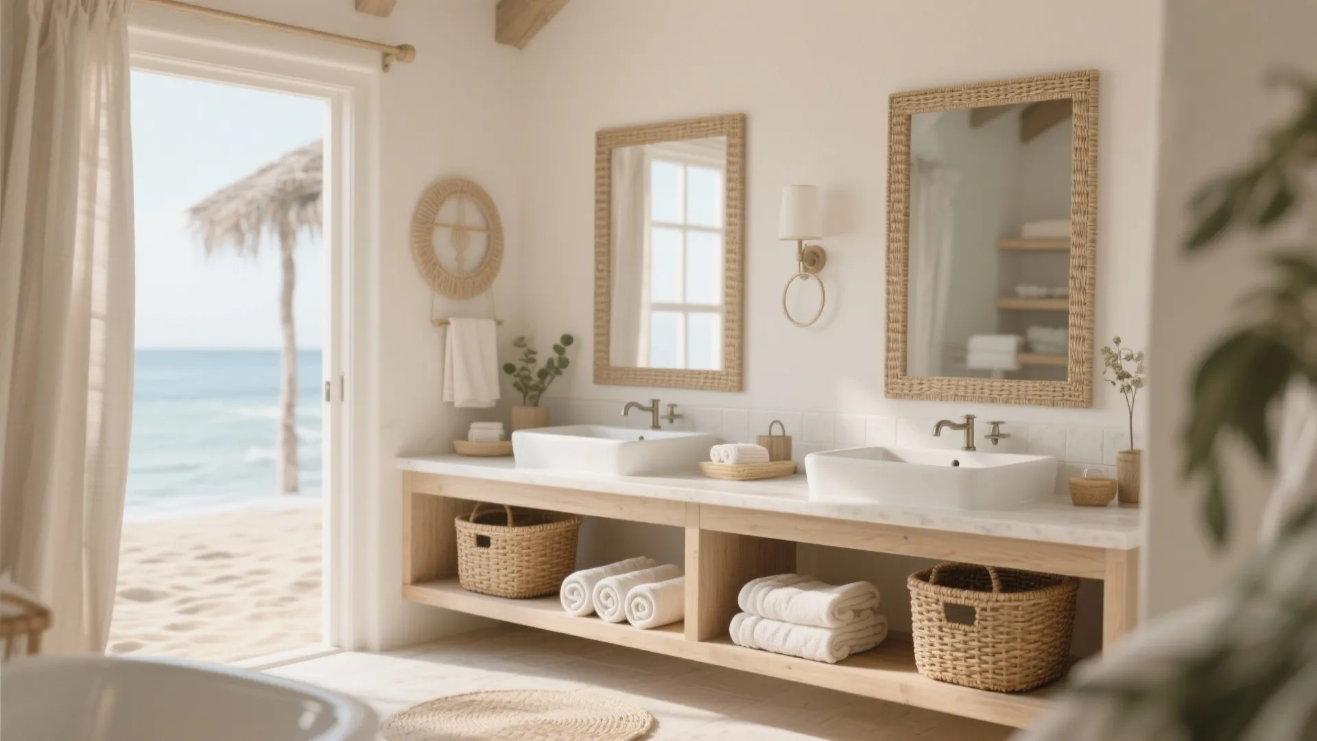 Double vanity with open shelving and baskets beneath