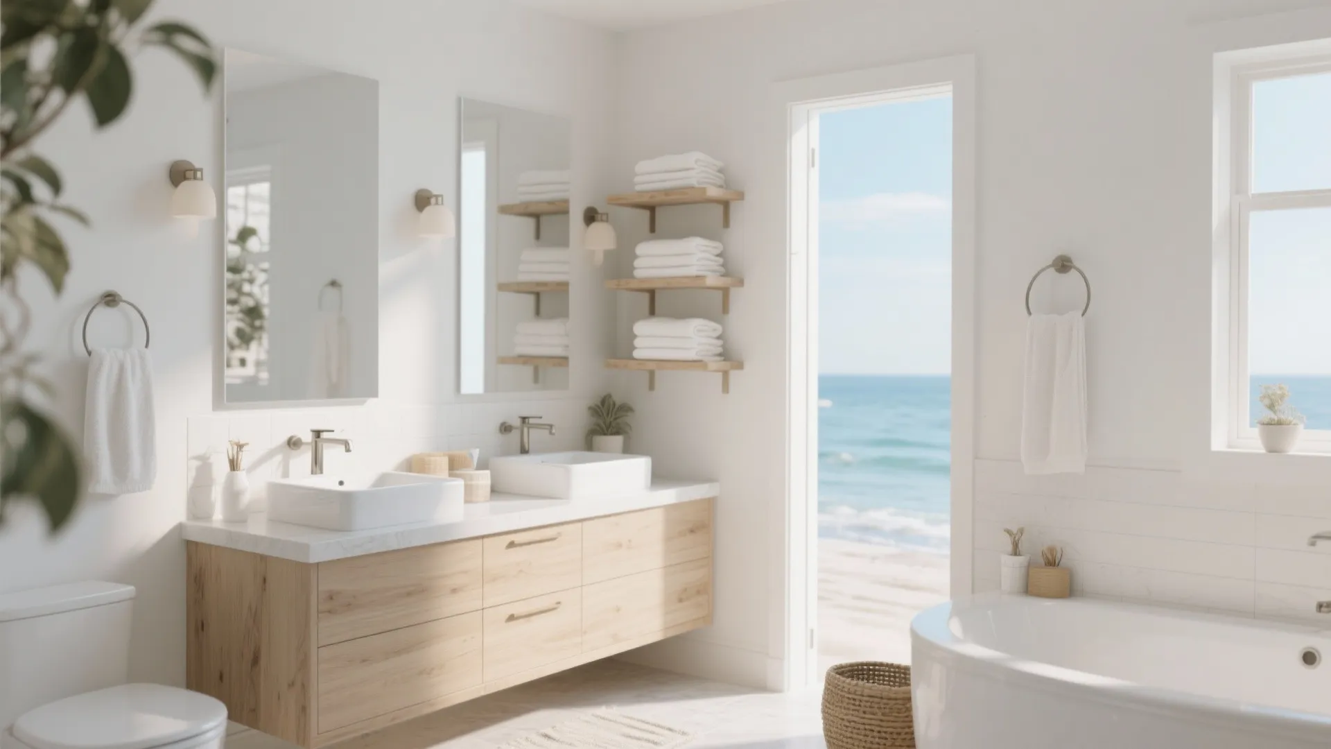 9. Open Shelving Under One Vanity