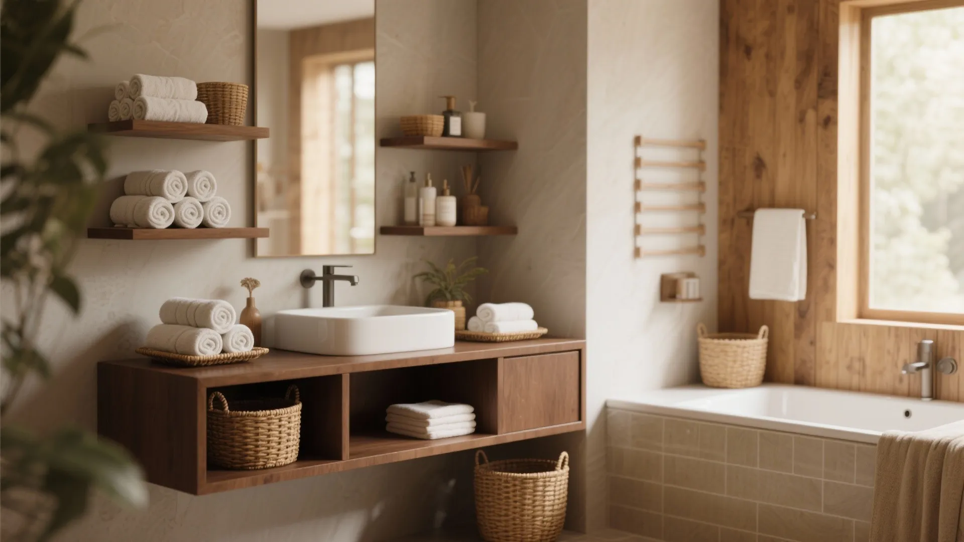 Modern bathroom with white vessel sink wood cabinet open shelving rolled towels and white tiled bathtub