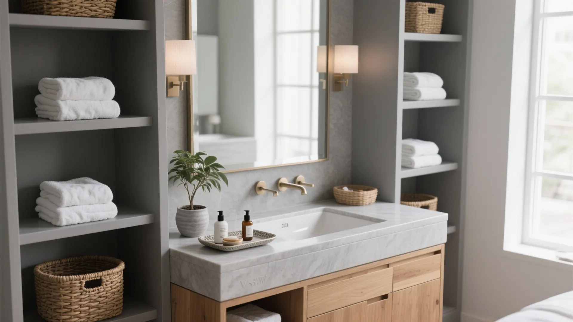 Gray vanity with open shelving styled with baskets, towels and plants