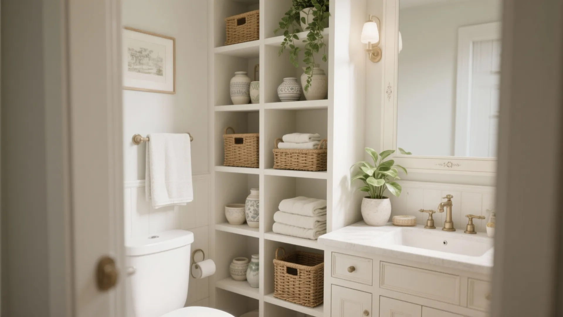 Recessed open shelving beside an antique white vanity with woven baskets and curated toiletries.