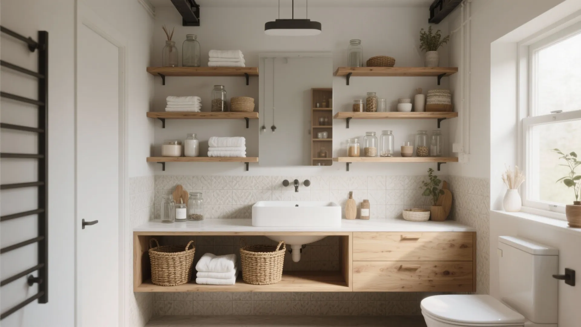 Bright bathroom featuring wooden wall shelves white sink basin storage baskets and black light fixture