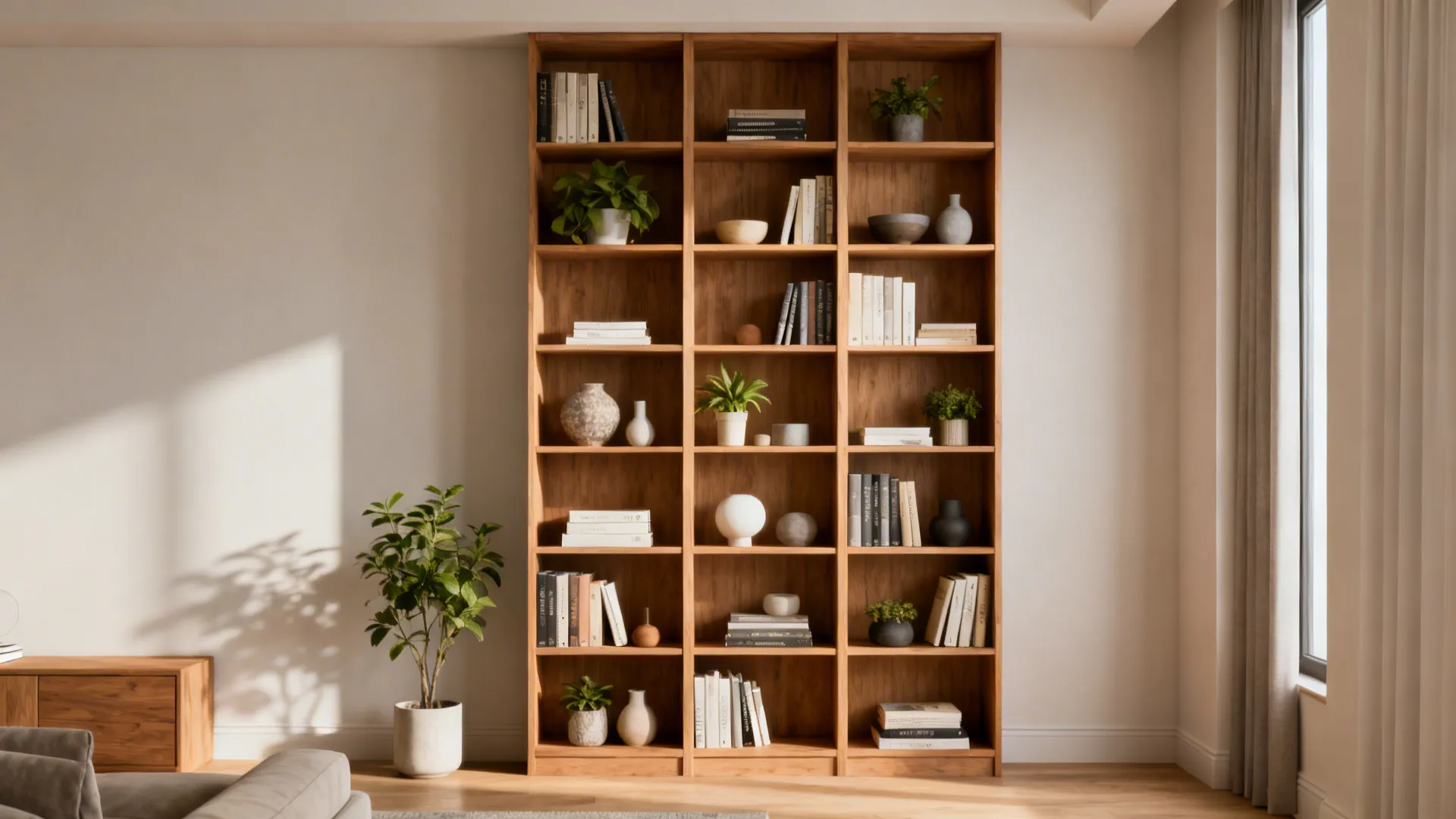 Tall open shelving styled with books and plants in a living room corner
