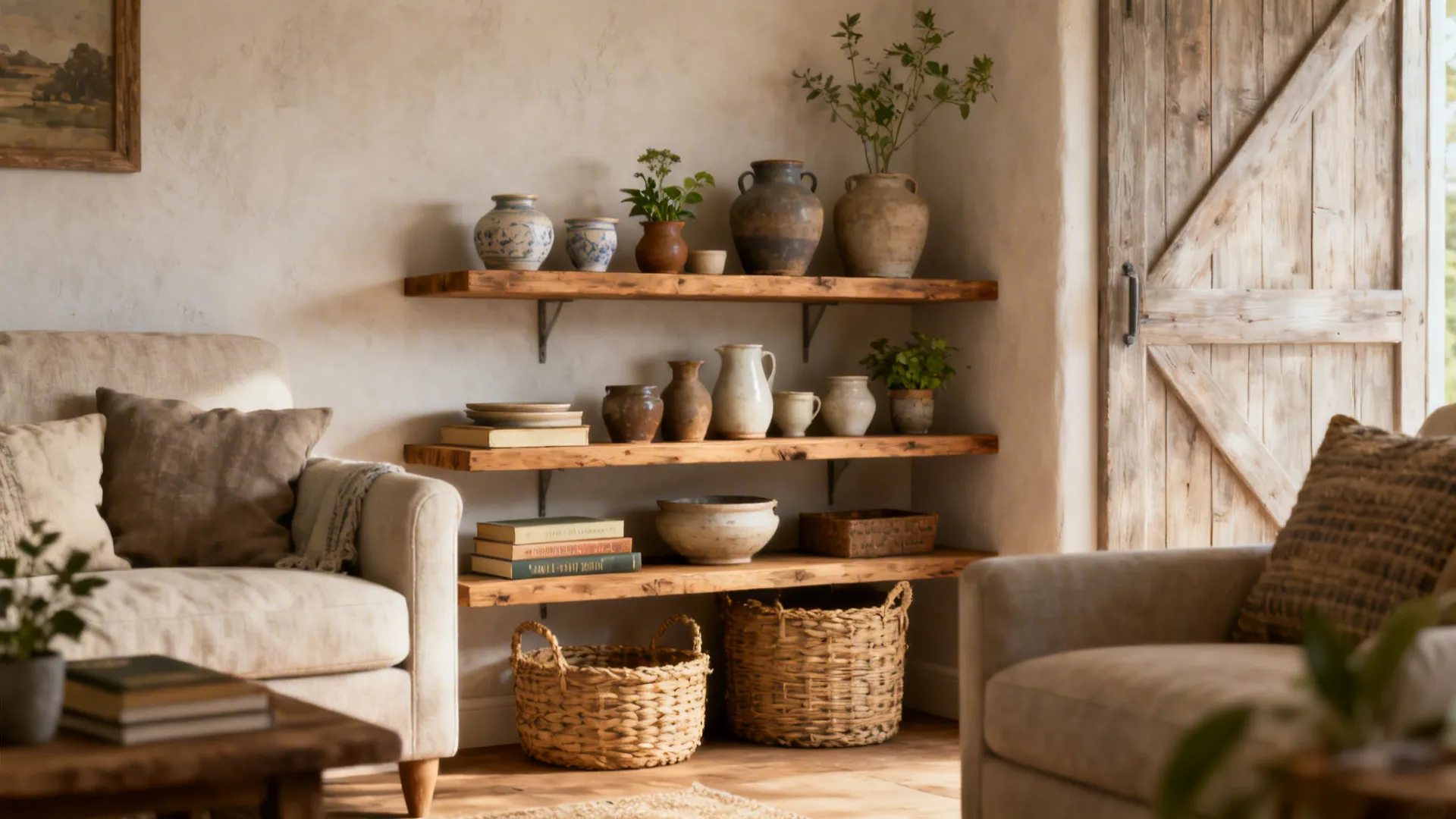 Open shelving with ceramics, woven baskets and curated farmhouse decor near seating