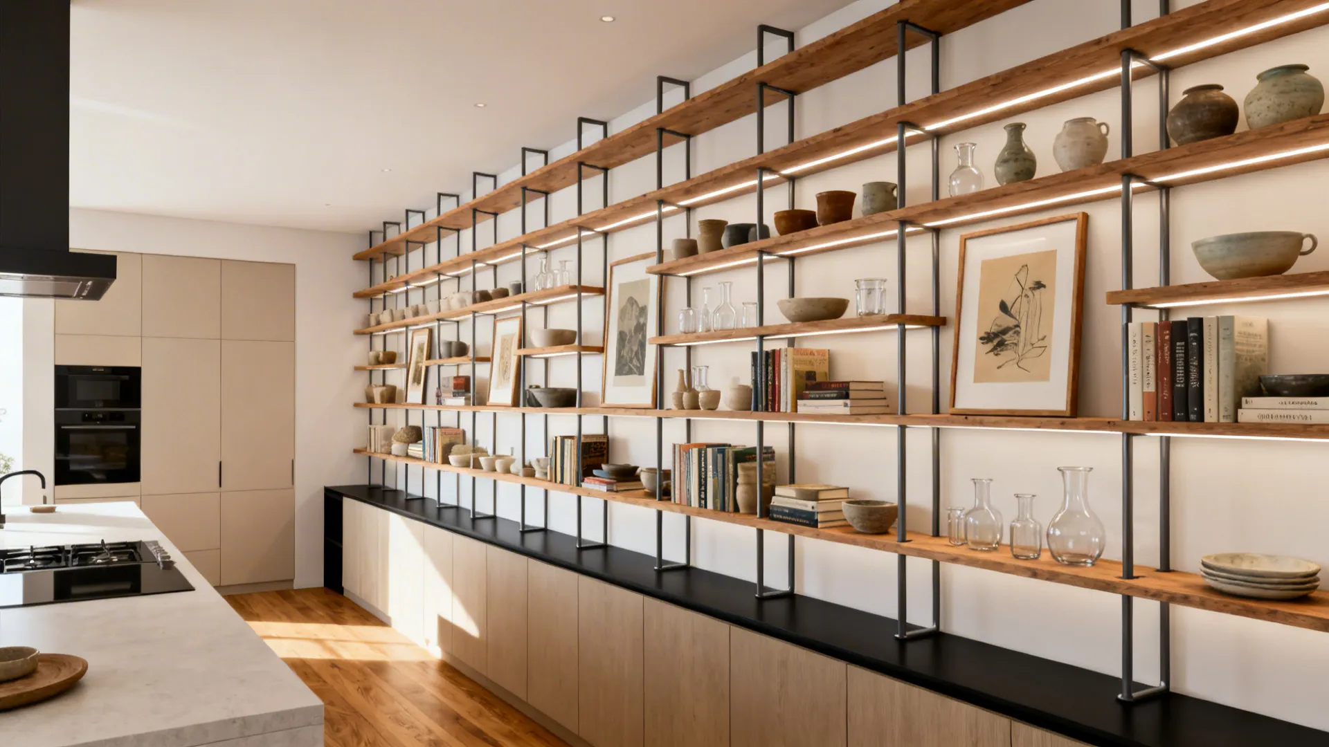 Full-height kitchen open shelving with curated ceramics, books, and soft LED lighting.