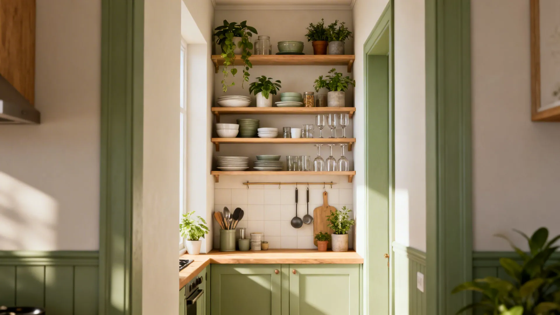 Full-height open shelving in a small kitchen with styled dishes and plants, creating a light airy look