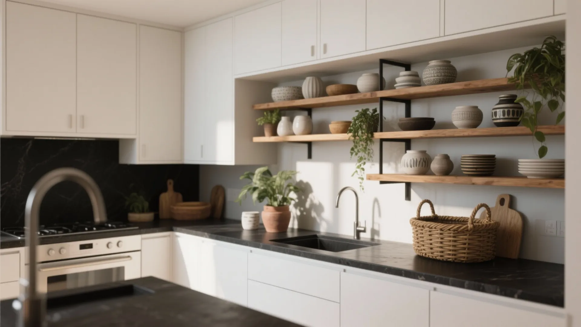 4. Integrate open shelving to break the contrast