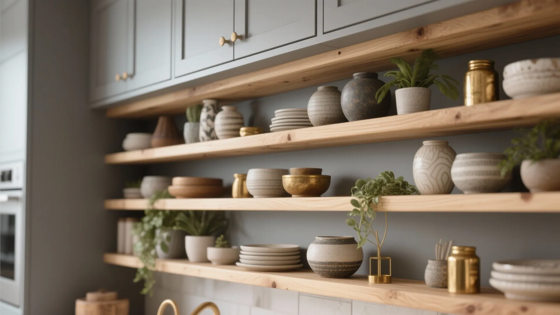 Modern kitchen with wooden open shelves displaying ceramic bowls plates green plants and gold jars