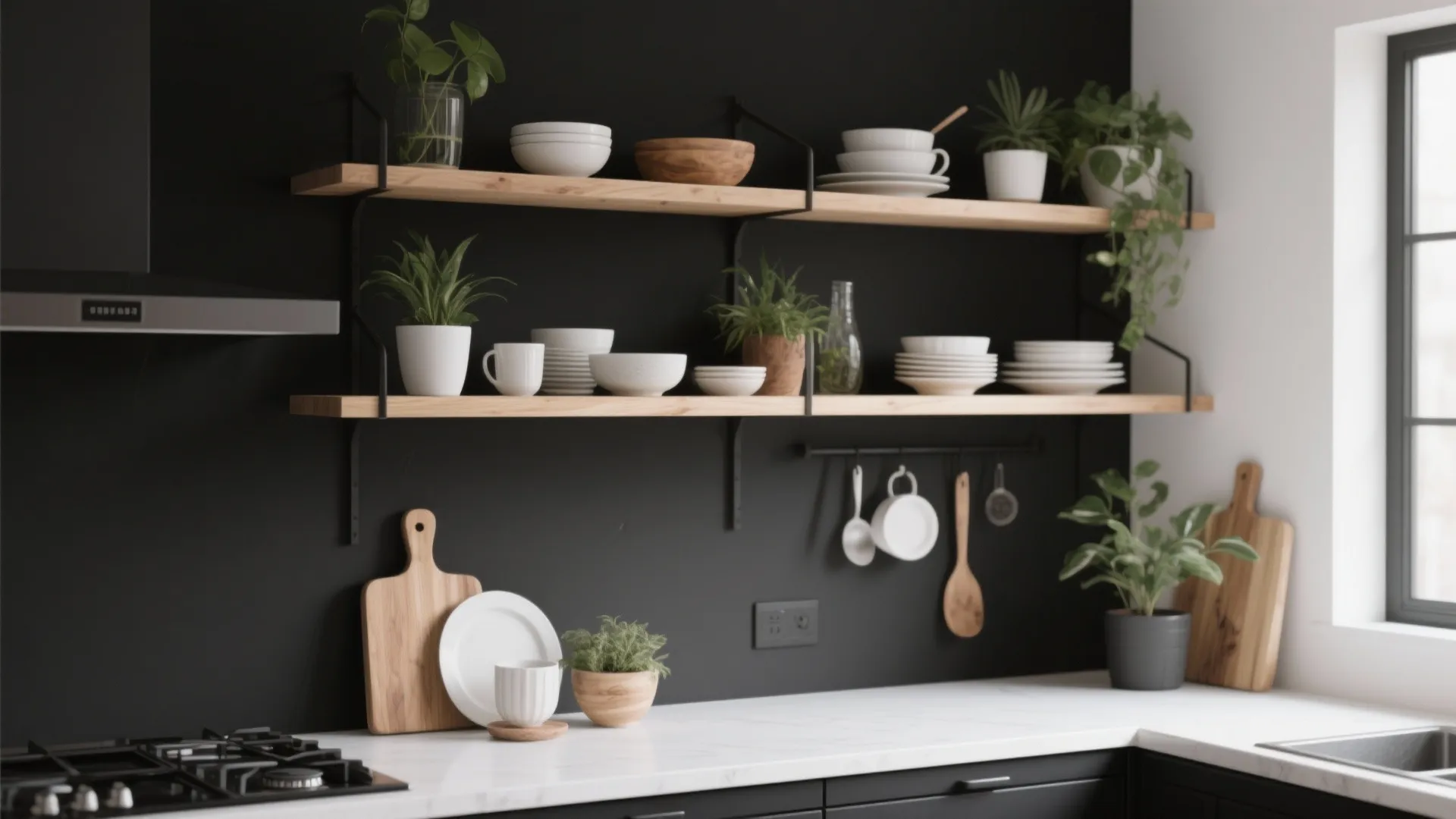 5. Open Shelving in Warm Wood