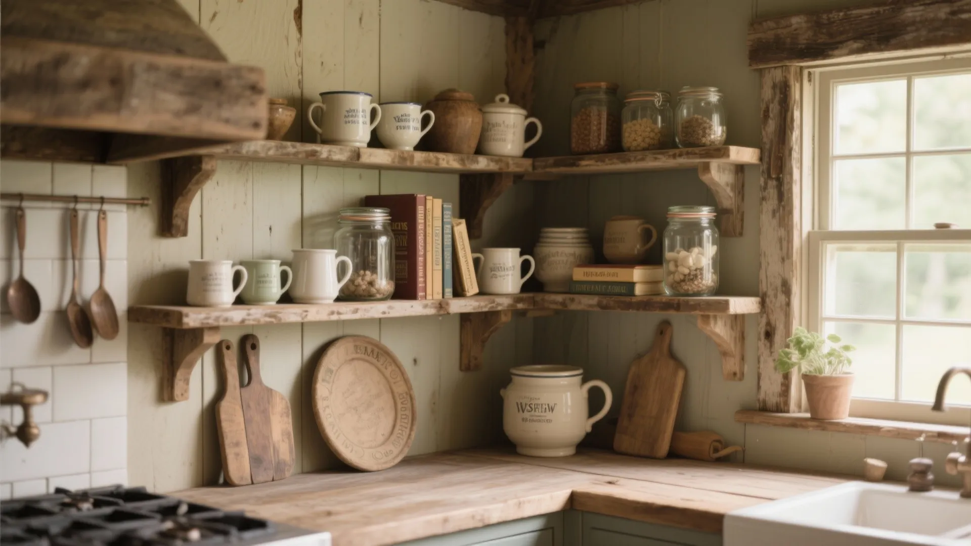 1. Open Shelving with Worn Wood