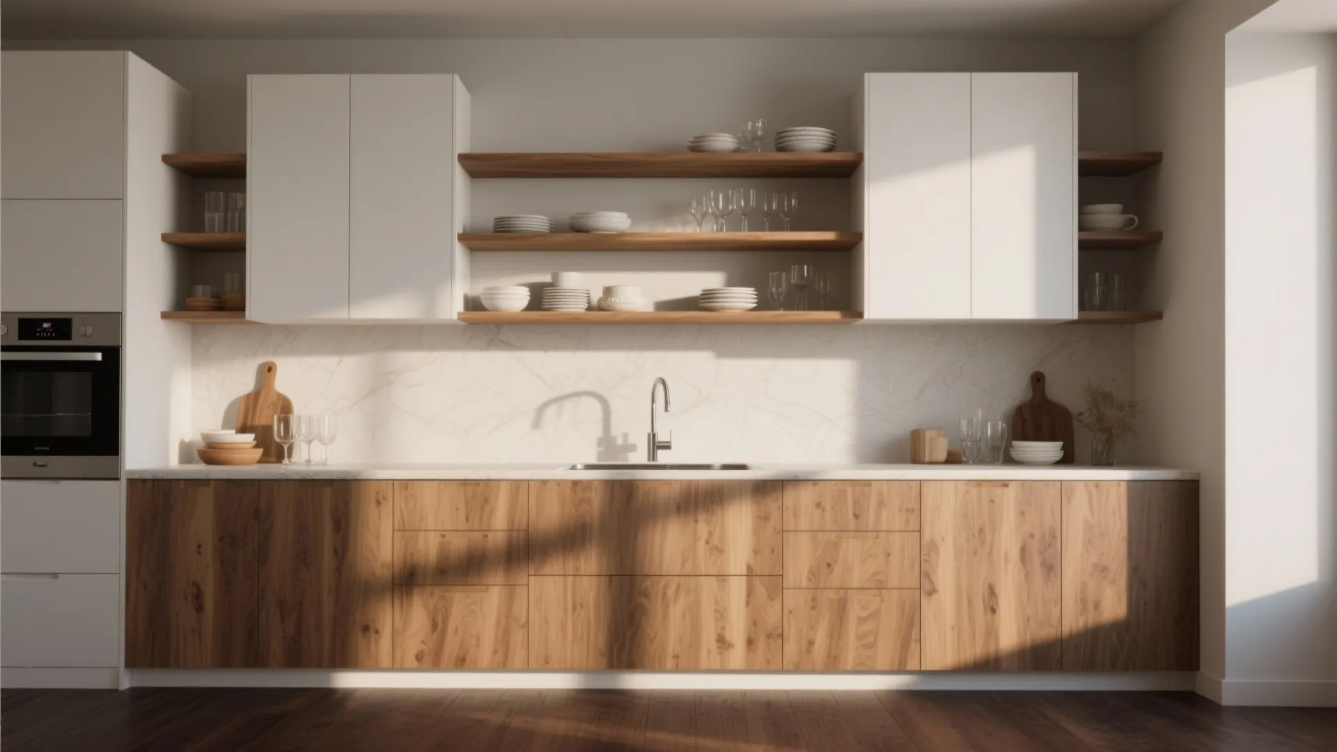 Modern kitchen with wood cabinets, white wall units, open wooden shelves holding white plates and glasses