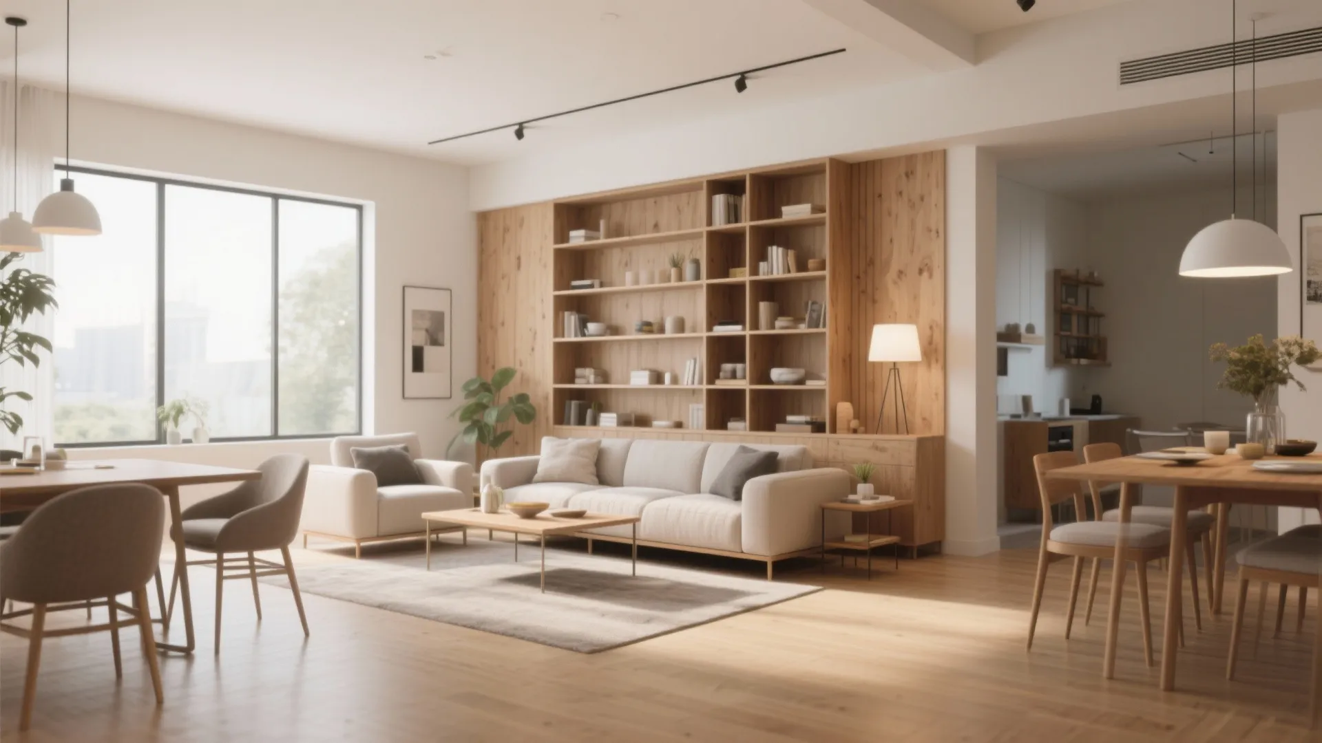 Modern open living room with wooden bookshelves white sofa dining table and warm light fixtures