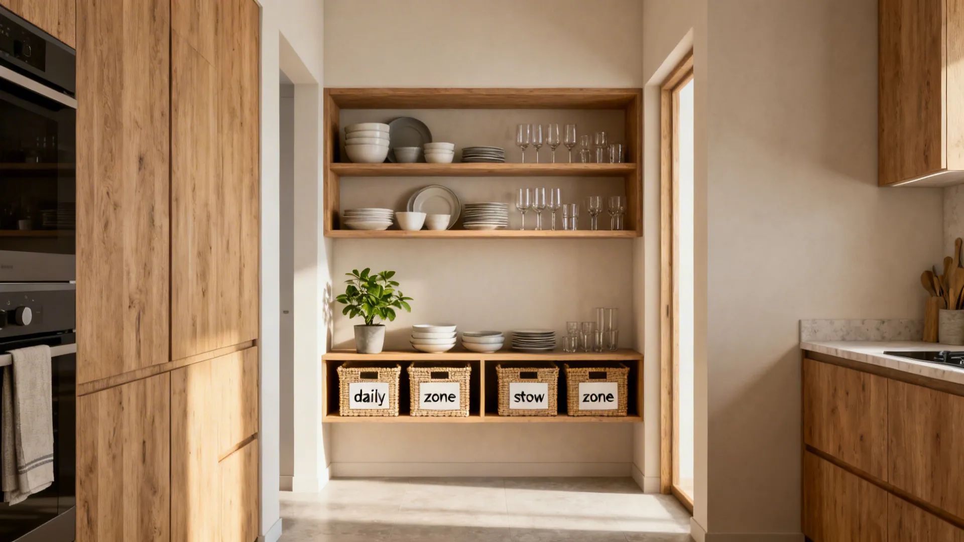Open kitchen shelves with curated daily items and labeled baskets showing storage zones