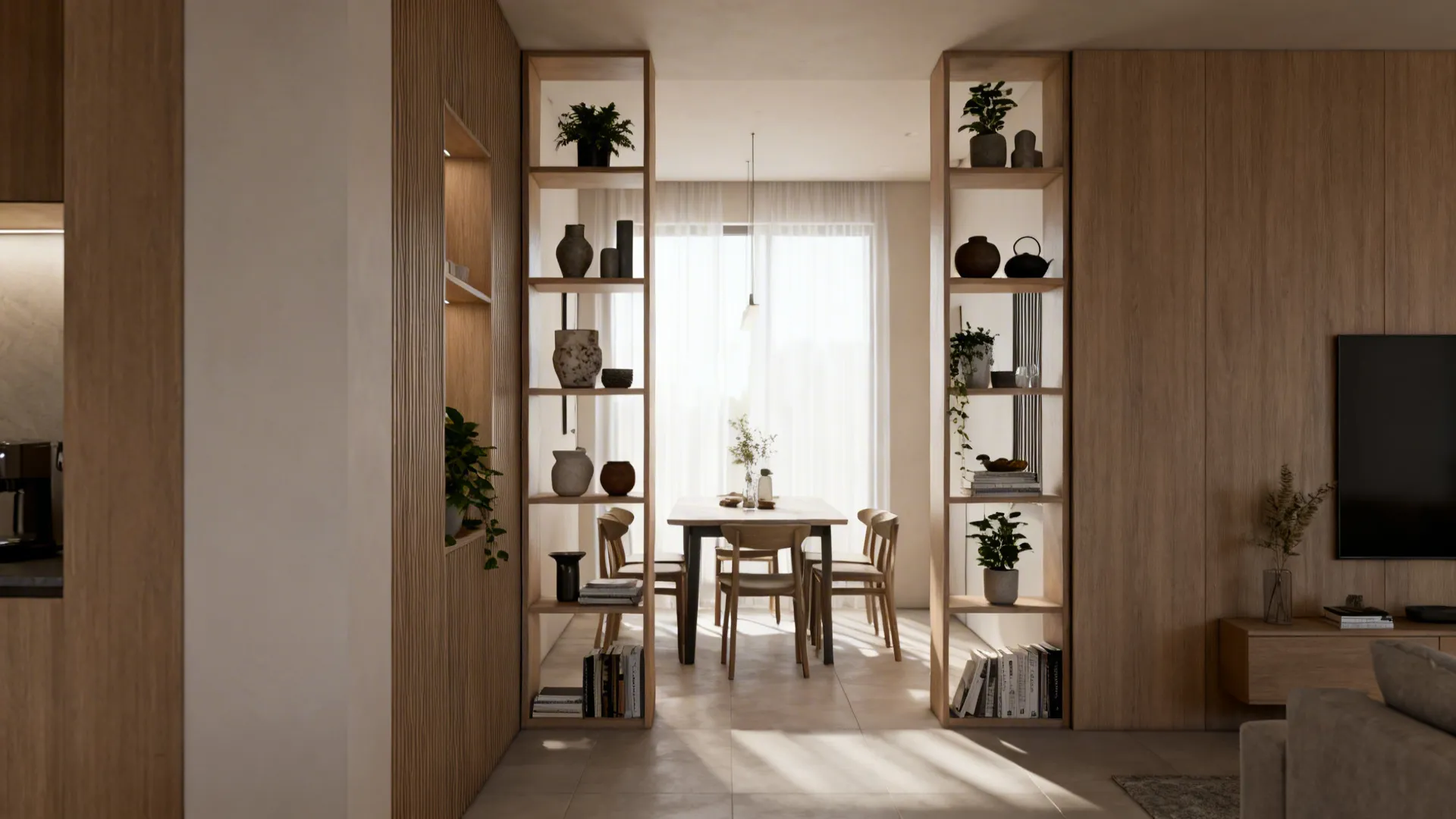 Open shelving used to vertically zone a living area from a dining nook in a small apartment