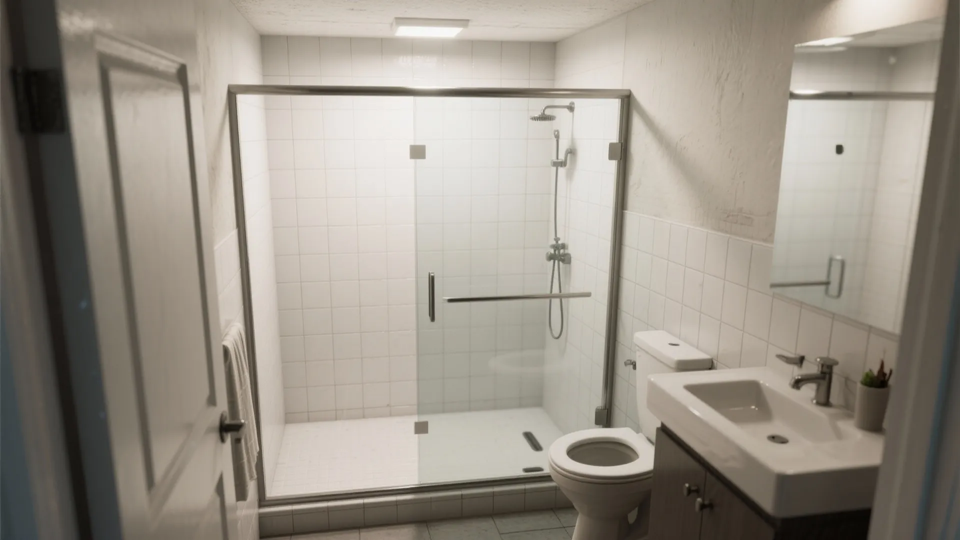 Small basement bathroom featuring glass shower door white tiled walls white sink and toilet layout
