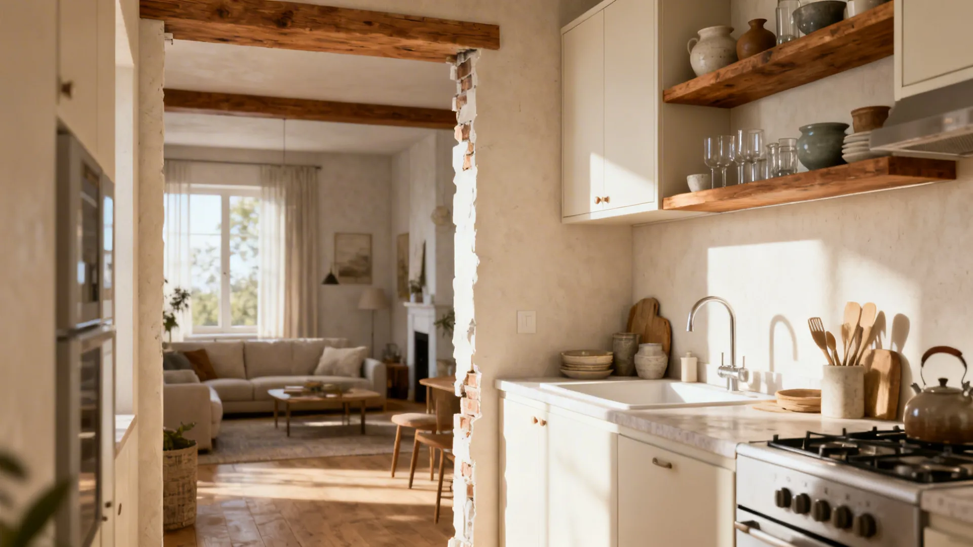 Small kitchen with partial wall removed and open shelving creating a bright sightline into the living area.