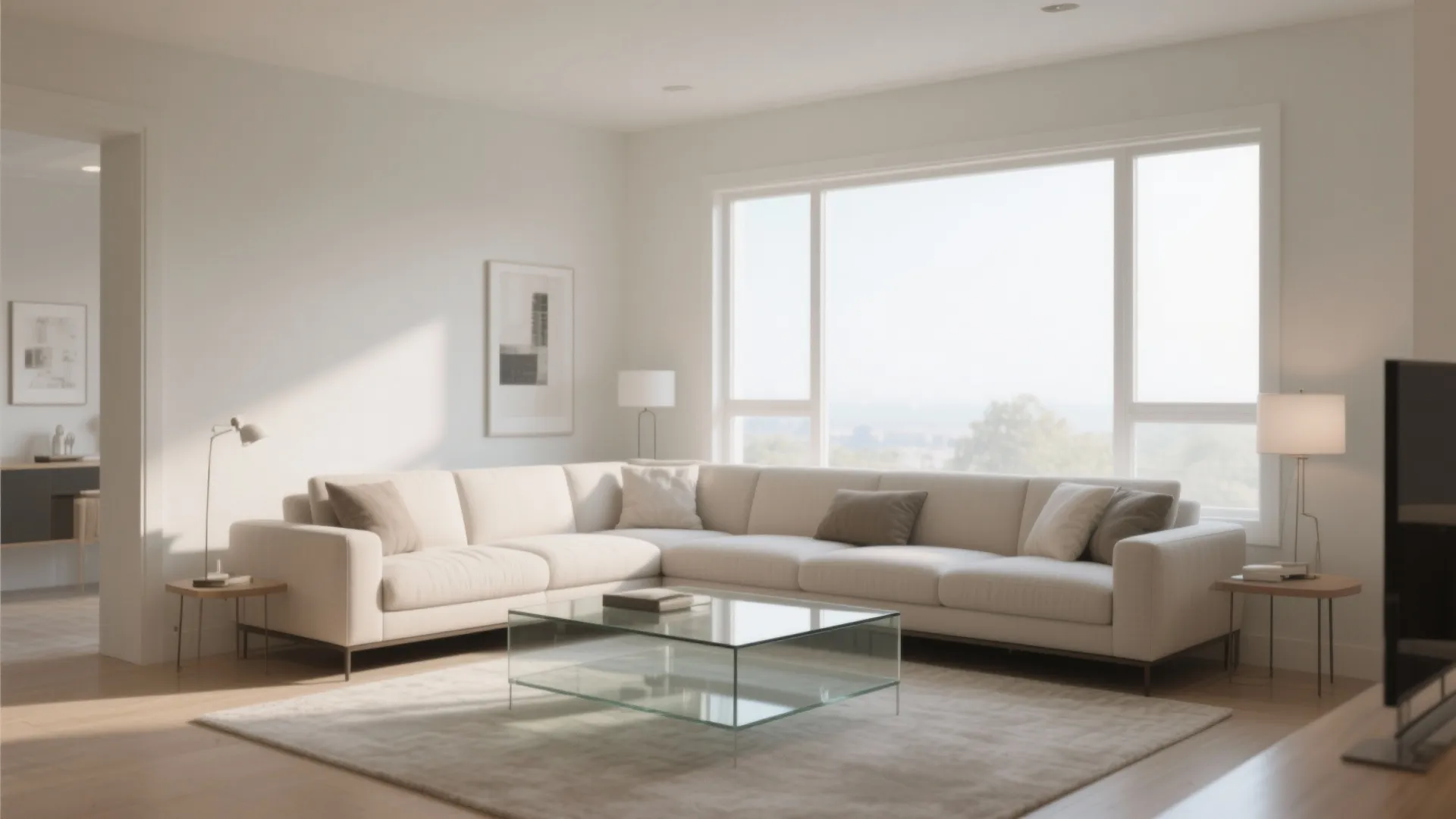 Bright minimal living room featuring large white corner sofa glass coffee table and big windows