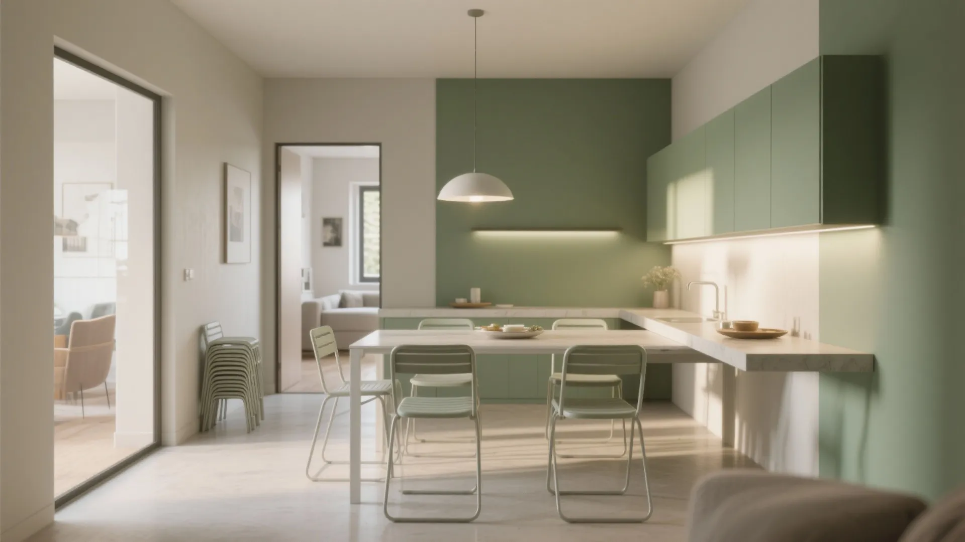 Modern green and white kitchen design with dining table ceiling light and open floor plan