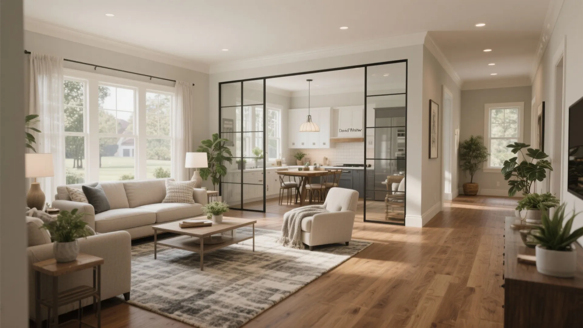 Bright living room with beige sofa and glass wall partition showing kitchen and dining area