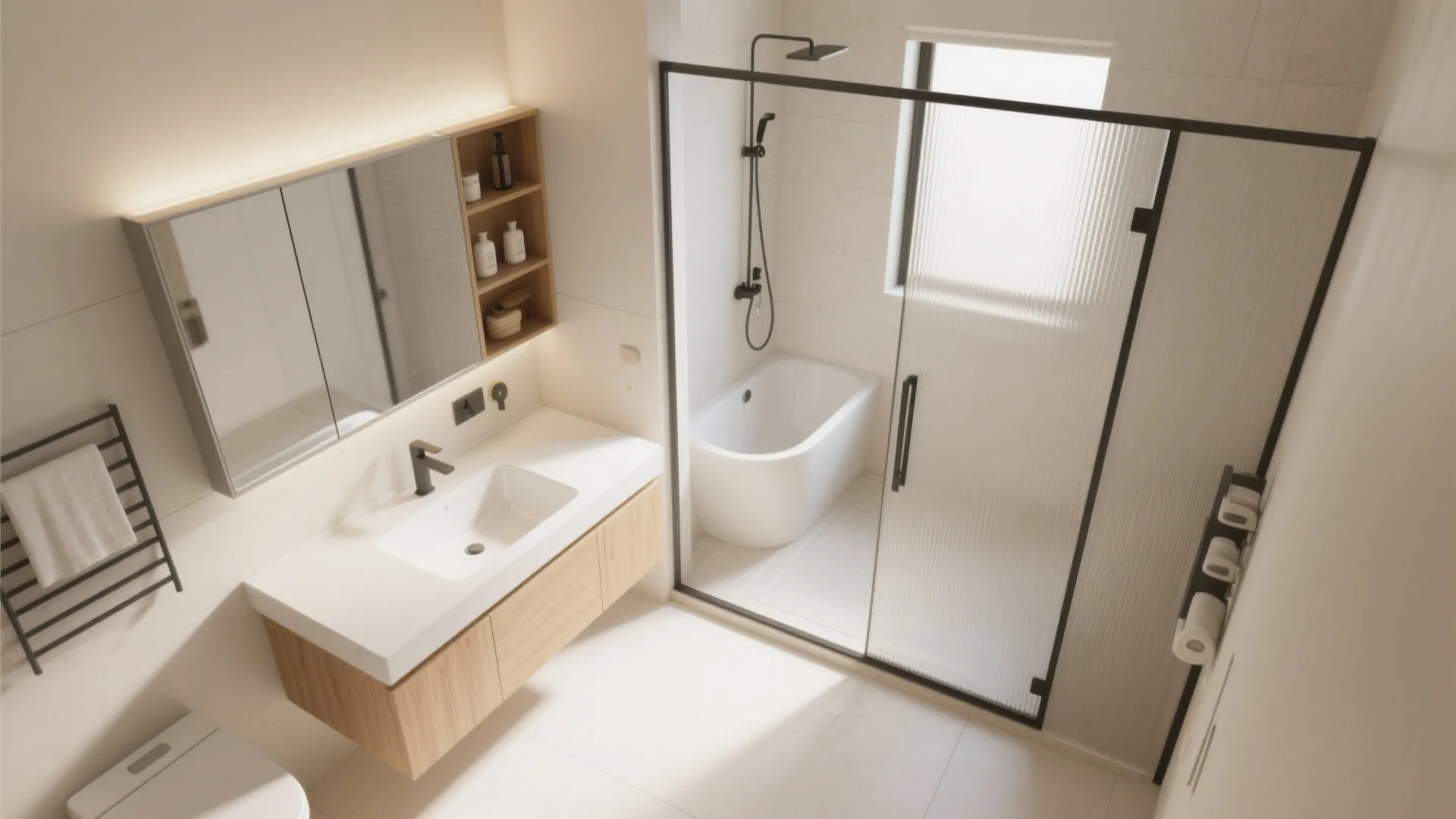 Modern bathroom featuring wood vanity sink, mirror with shelf, black shower frame, and white bathtub
