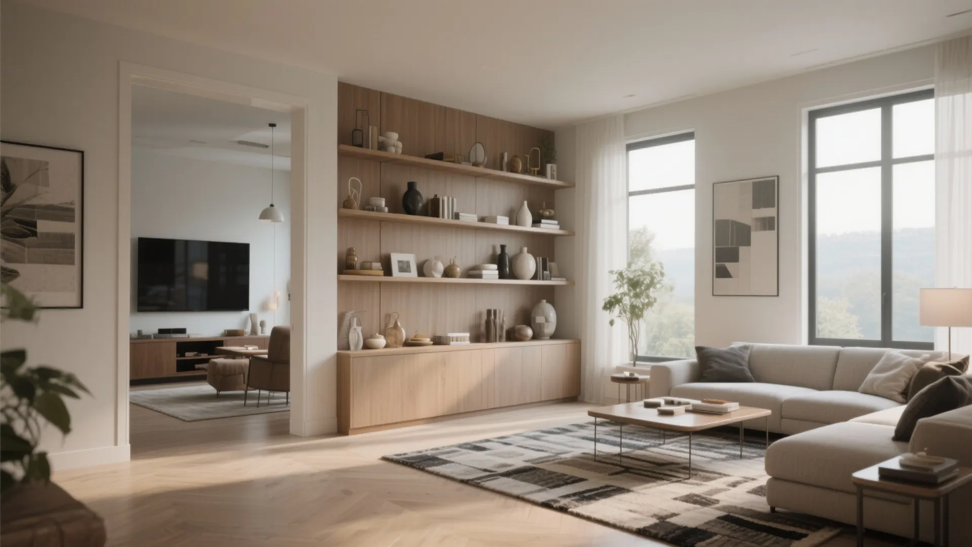Modern bright living room with wooden shelving unit grey sofa pattern rug and large windows