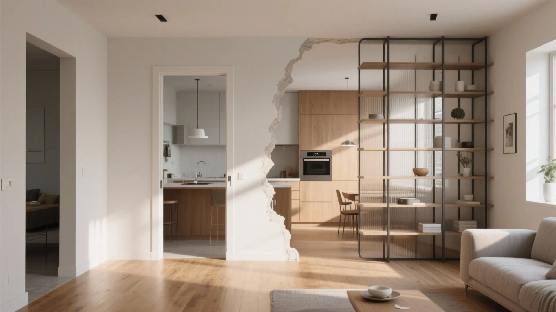 Living area and kitchen connected by a wide doorway with a tall shelving unit divider letting light through