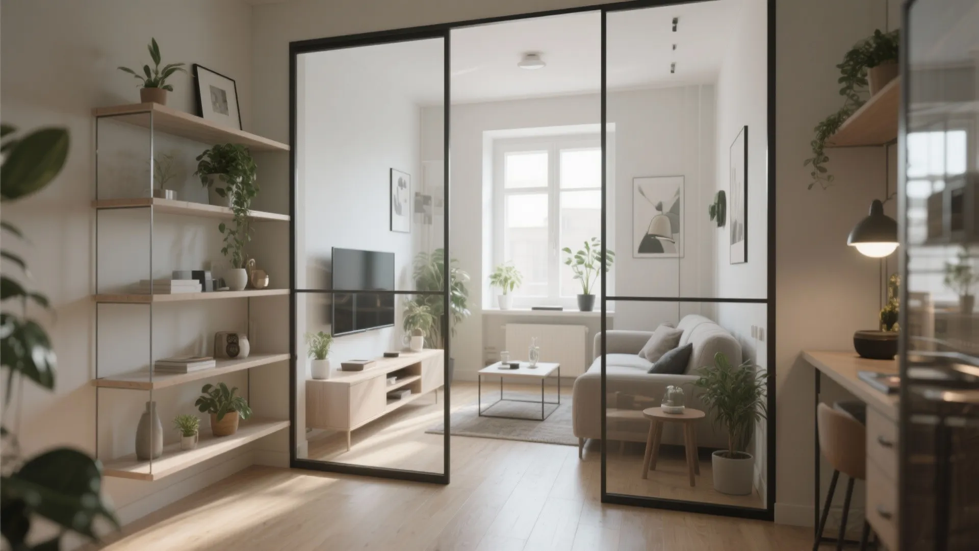 Living area and TV nook connected by low shelving and glass partition for open sightlines