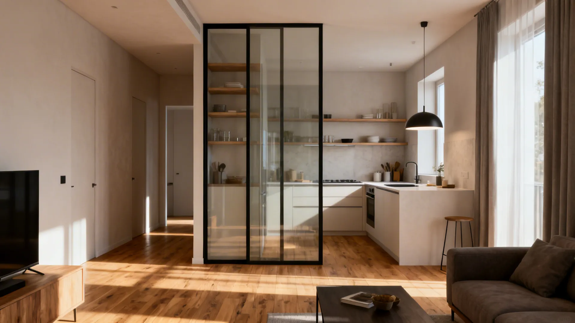 Small apartment interior with open shelving and glass partitions preserving sightlines
